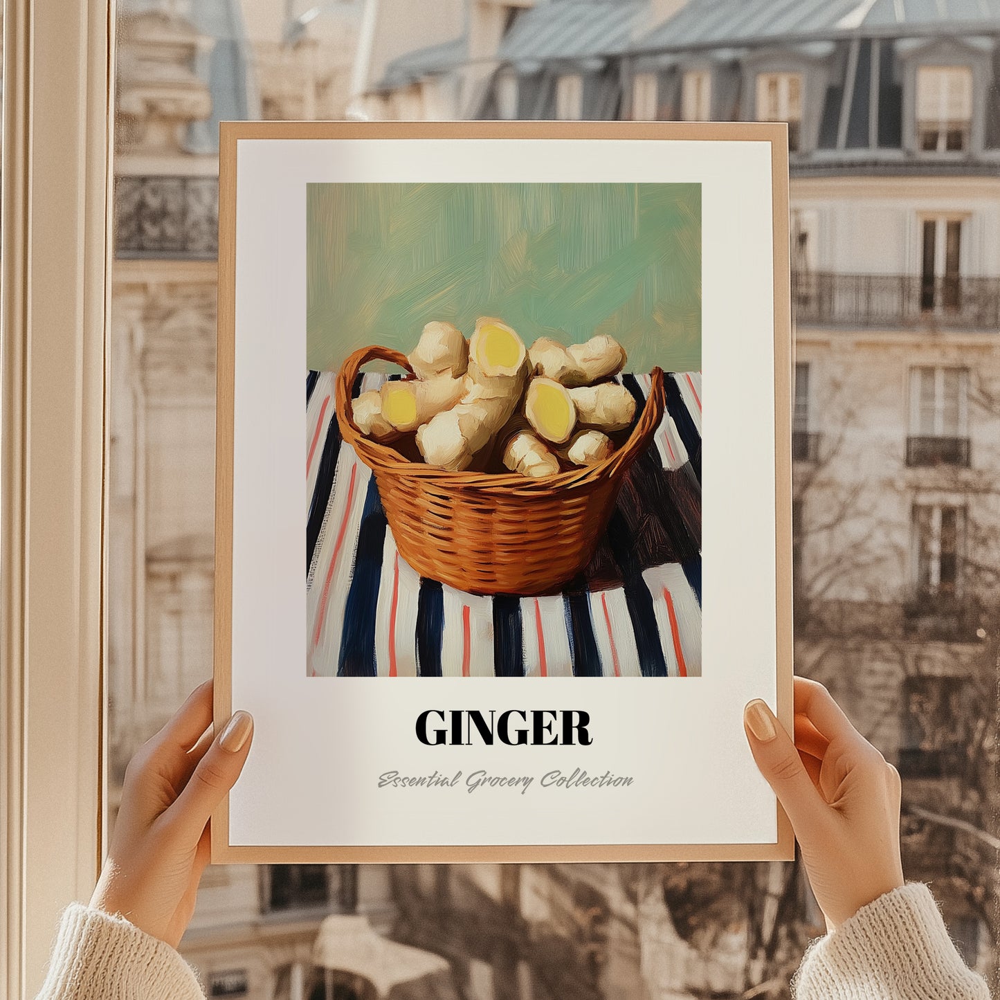 Ginger – on Striped Tablecloth, Vegetable Wall Illustration, styled in a charming Paris street view
