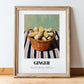 Ginger – on Striped Tablecloth, Vegetable Wall Illustration, in wooden frame leaning on the floor