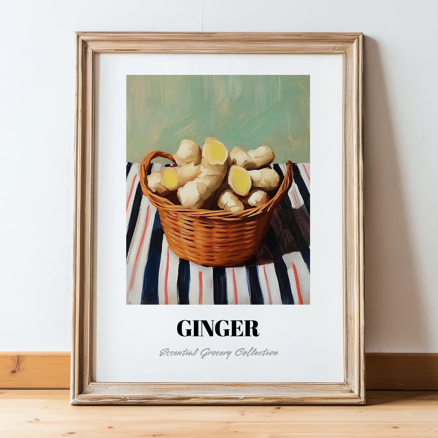 Ginger – on Striped Tablecloth, Vegetable Wall Illustration, in wooden frame leaning on the floor