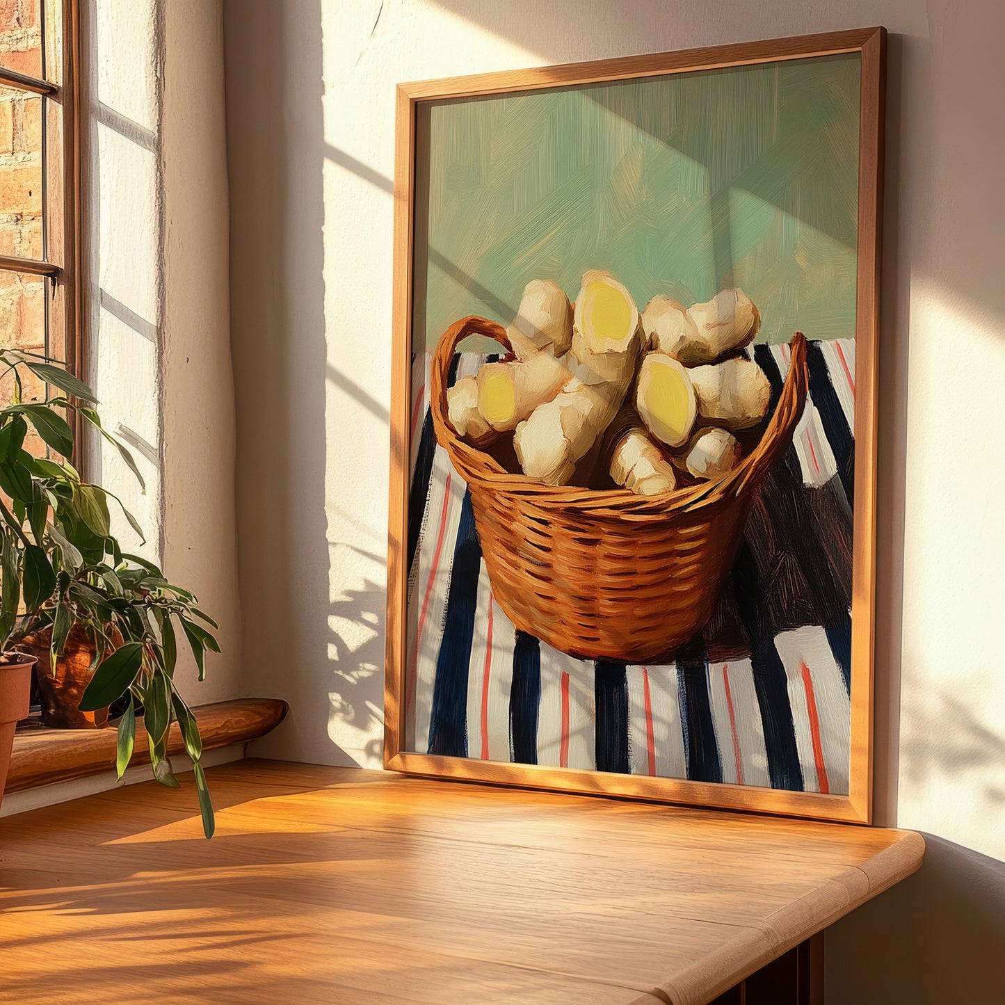 Ginger – on Striped Tablecloth, Vegetable Wall Illustration, clean layout with no caption