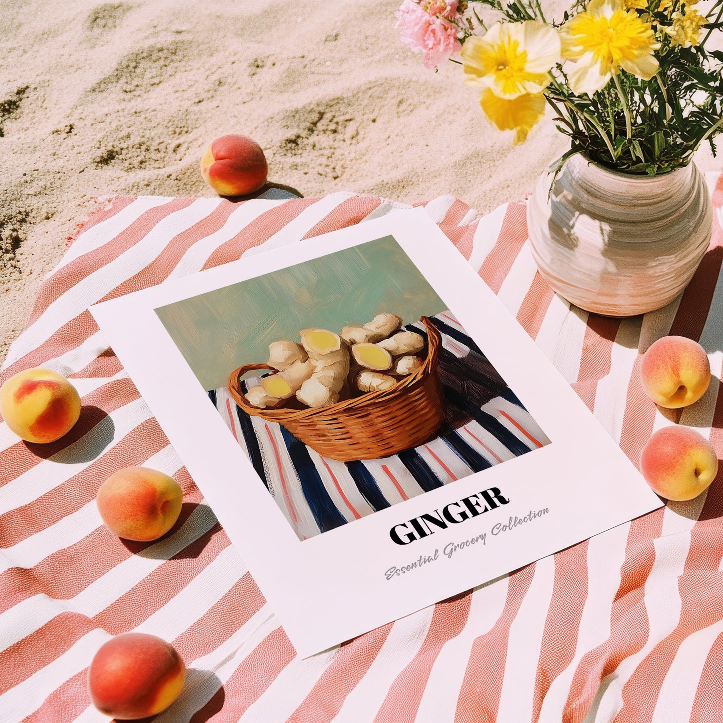 Ginger – on Striped Tablecloth, Vegetable Wall Illustration, unframed on coastal sand