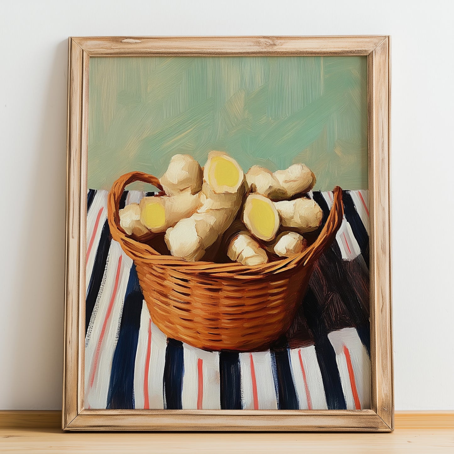 Ginger – on Striped Tablecloth, Vegetable Wall Illustration, no-text version framed in wood
