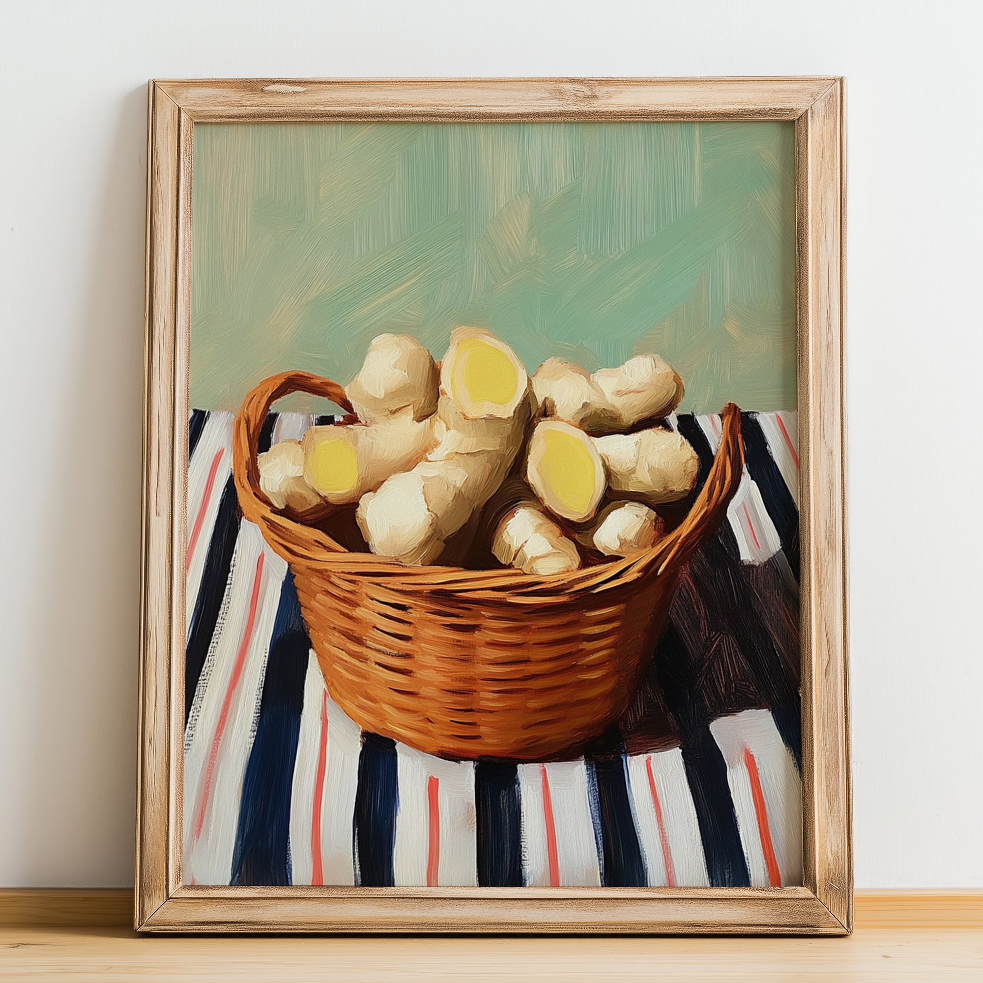 Ginger – on Striped Tablecloth, Vegetable Wall Illustration, no-text version framed in wood