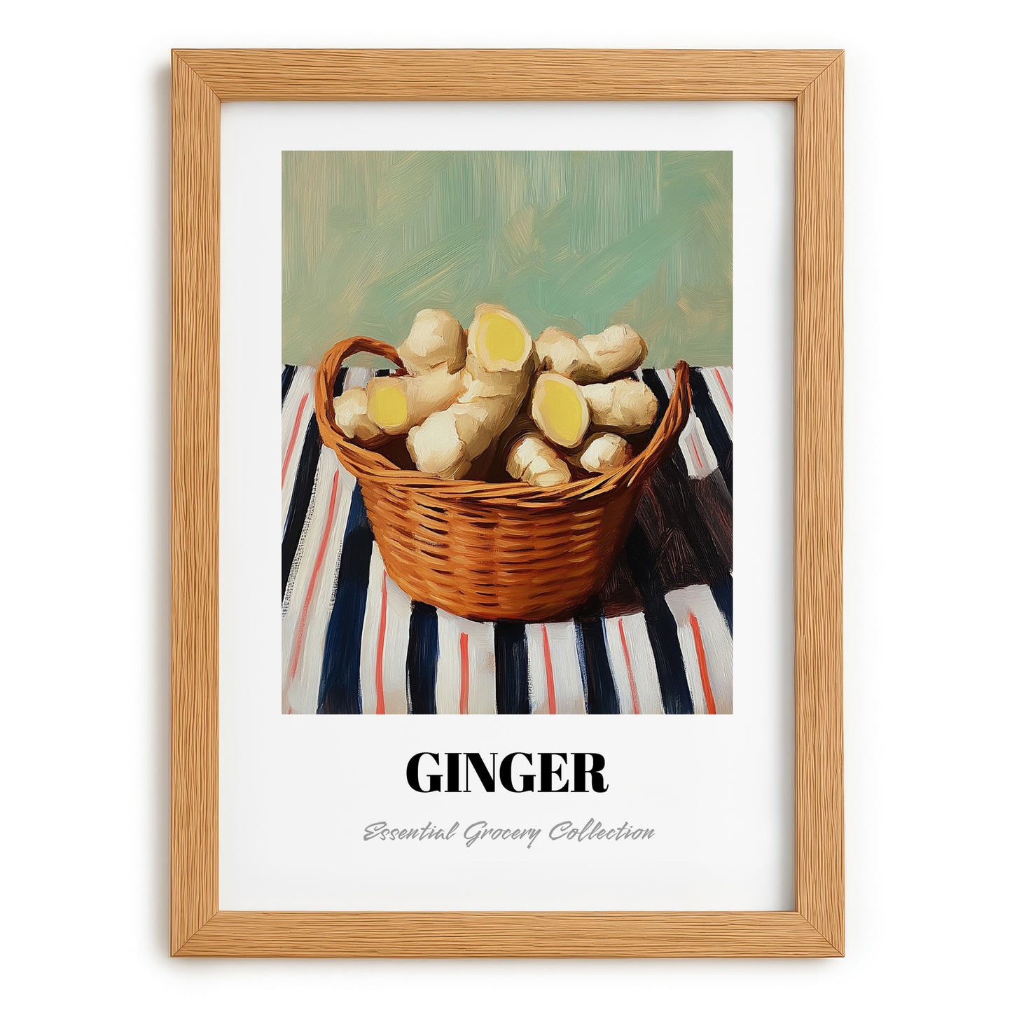 Ginger – on Striped Tablecloth, Vegetable Wall Illustration, set in oak frame