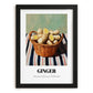 Ginger – on Striped Tablecloth, Vegetable Wall Illustration, in sleek black frame