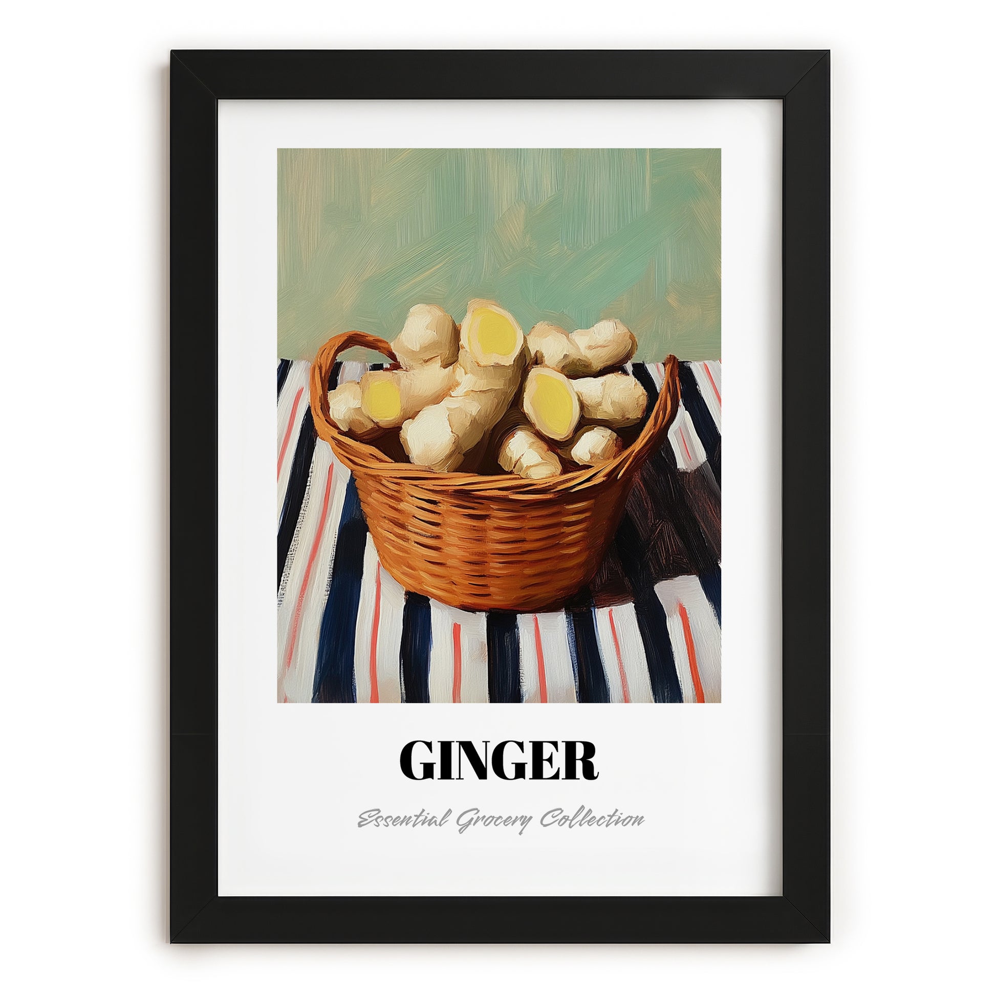 Ginger – on Striped Tablecloth, Vegetable Wall Illustration, in sleek black frame