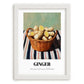 Ginger – on Striped Tablecloth, Vegetable Wall Illustration, placed in minimal white frame