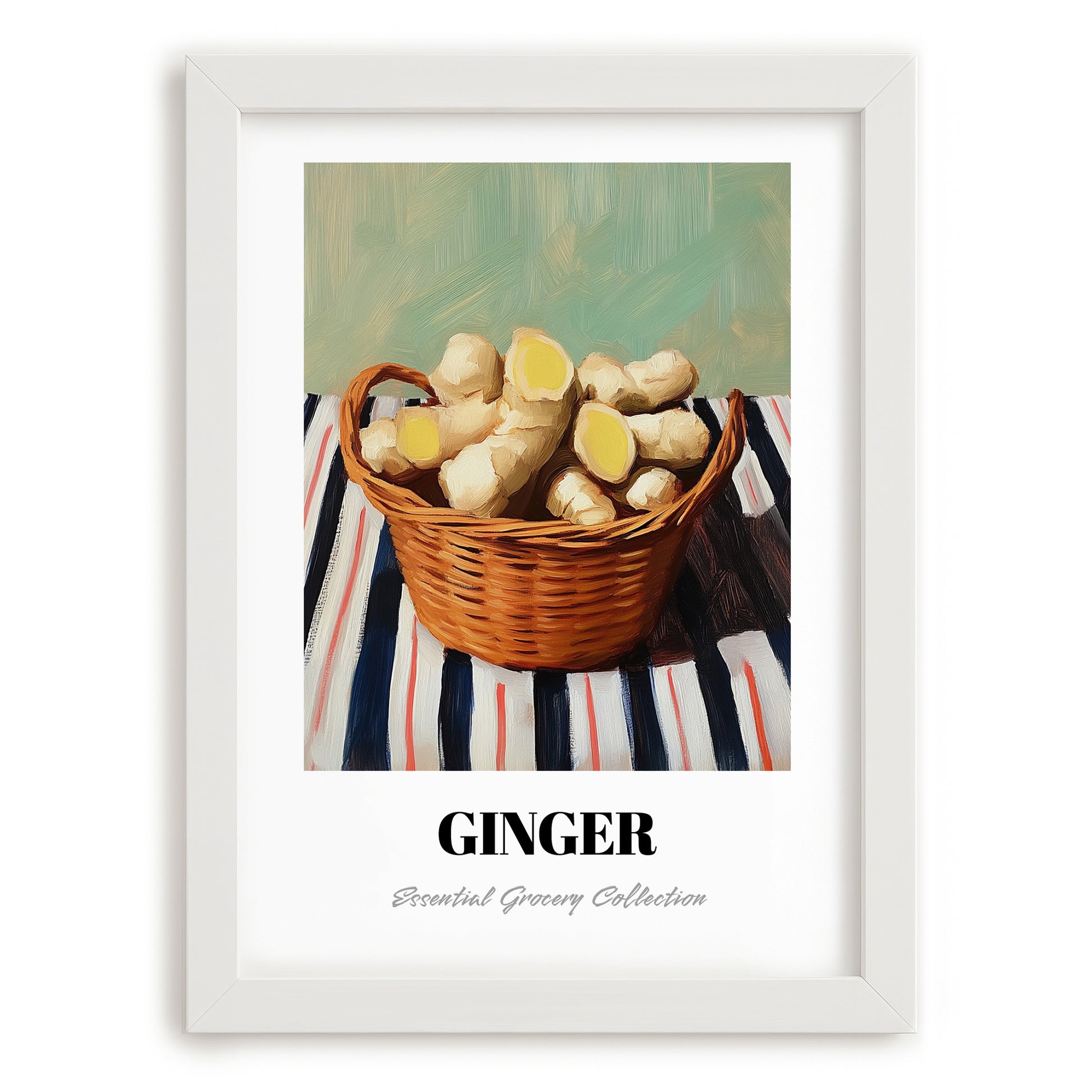 Ginger – on Striped Tablecloth, Vegetable Wall Illustration, placed in minimal white frame