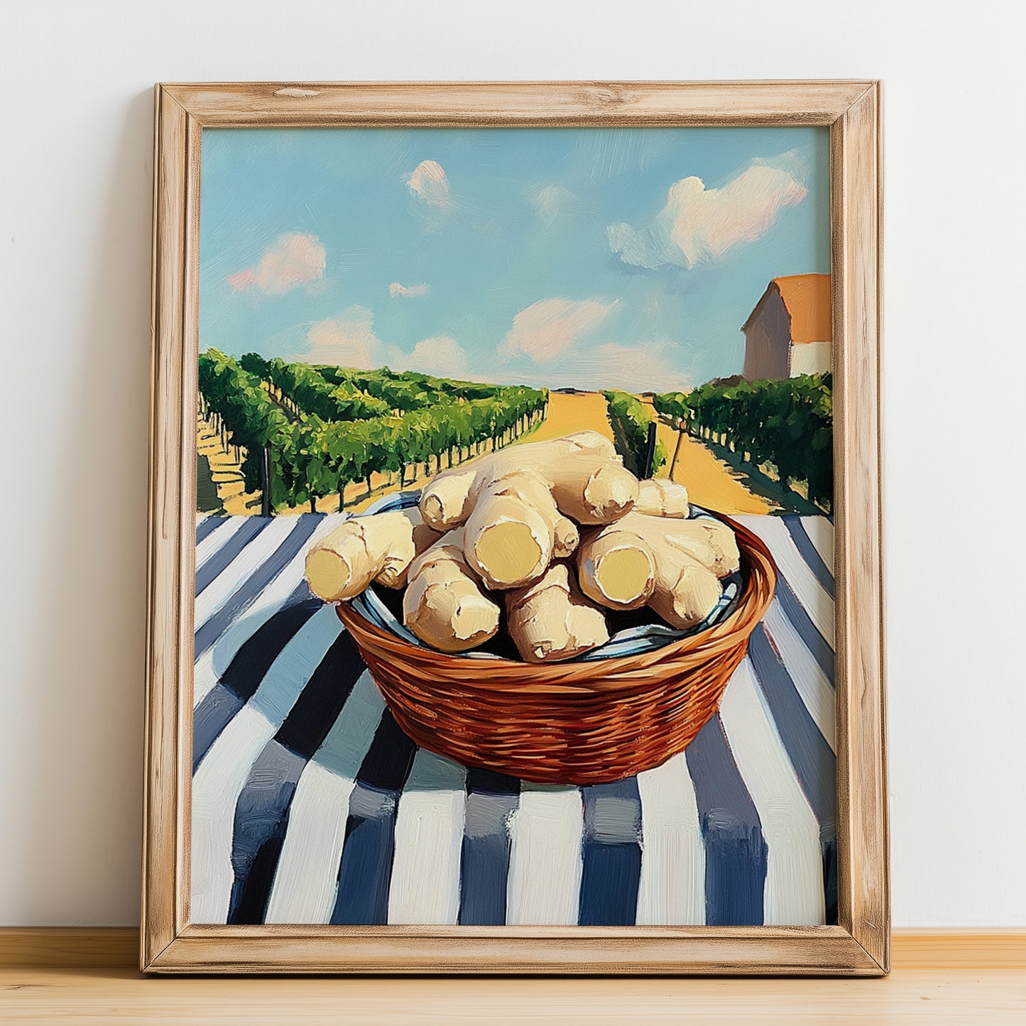 Ginger – Valley Café Scene, Vegetable Painting, no-text version framed in wood