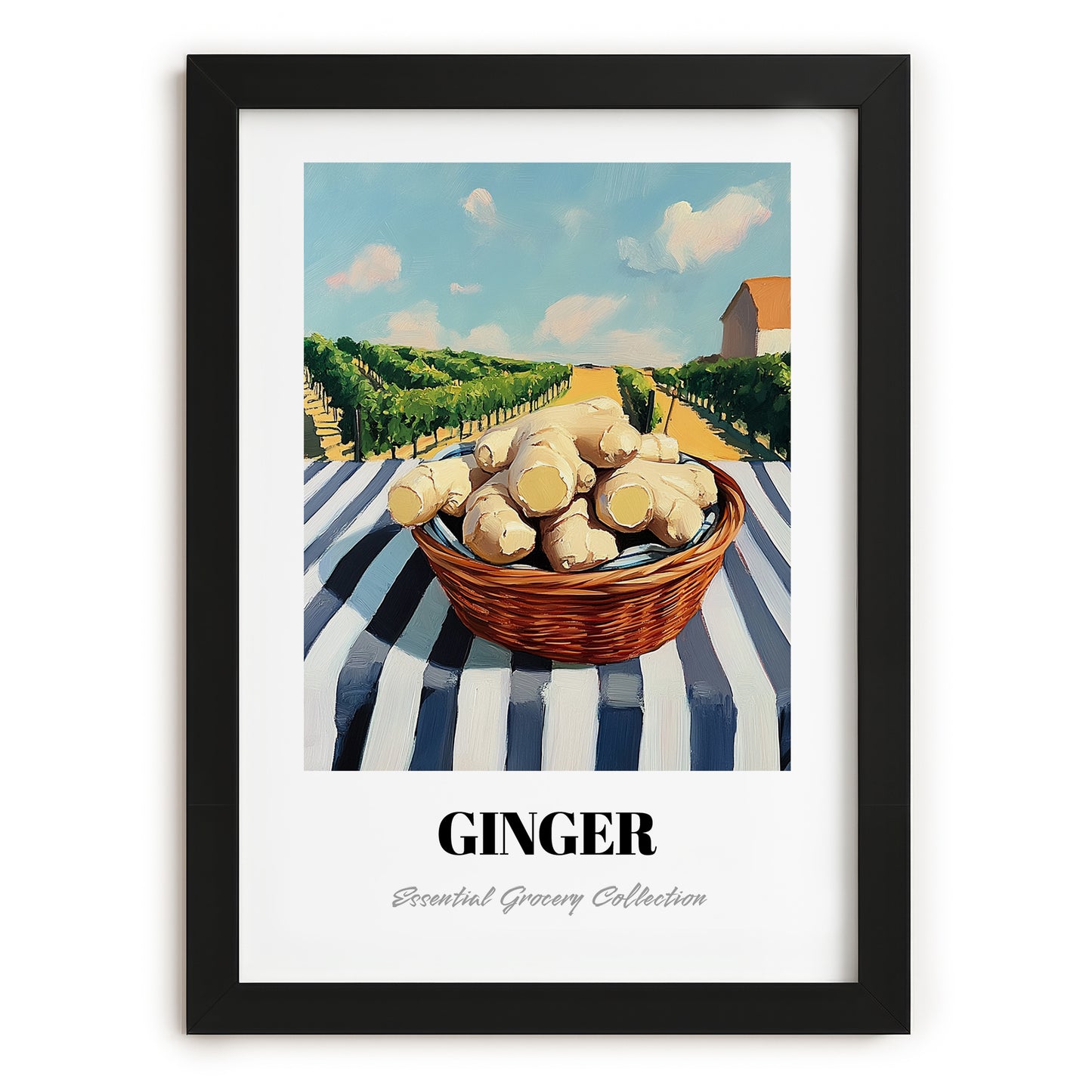 Ginger – Valley Café Scene, Vegetable Painting, in sleek black frame