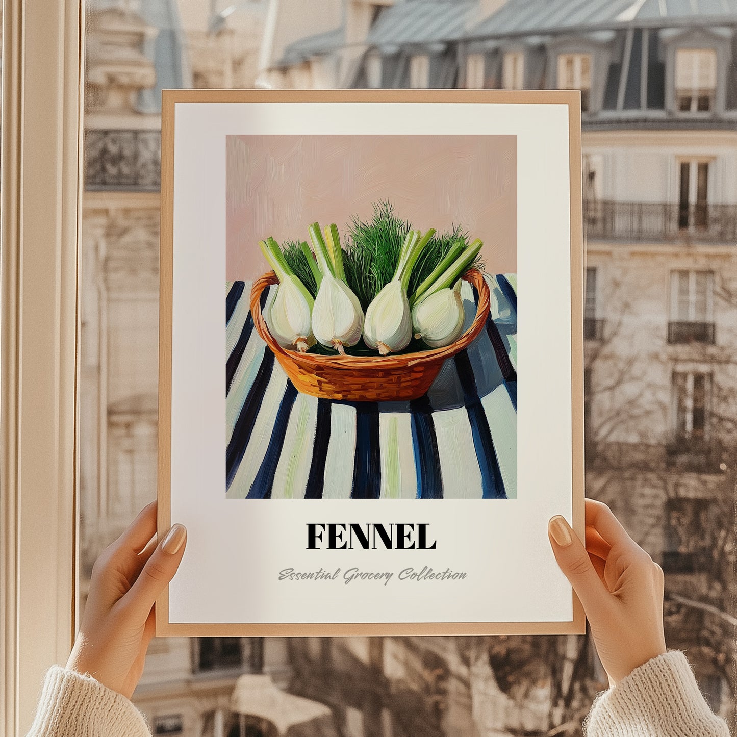 Fennel – on Striped Tablecloth, Vegetable Print, styled in a charming Paris street view