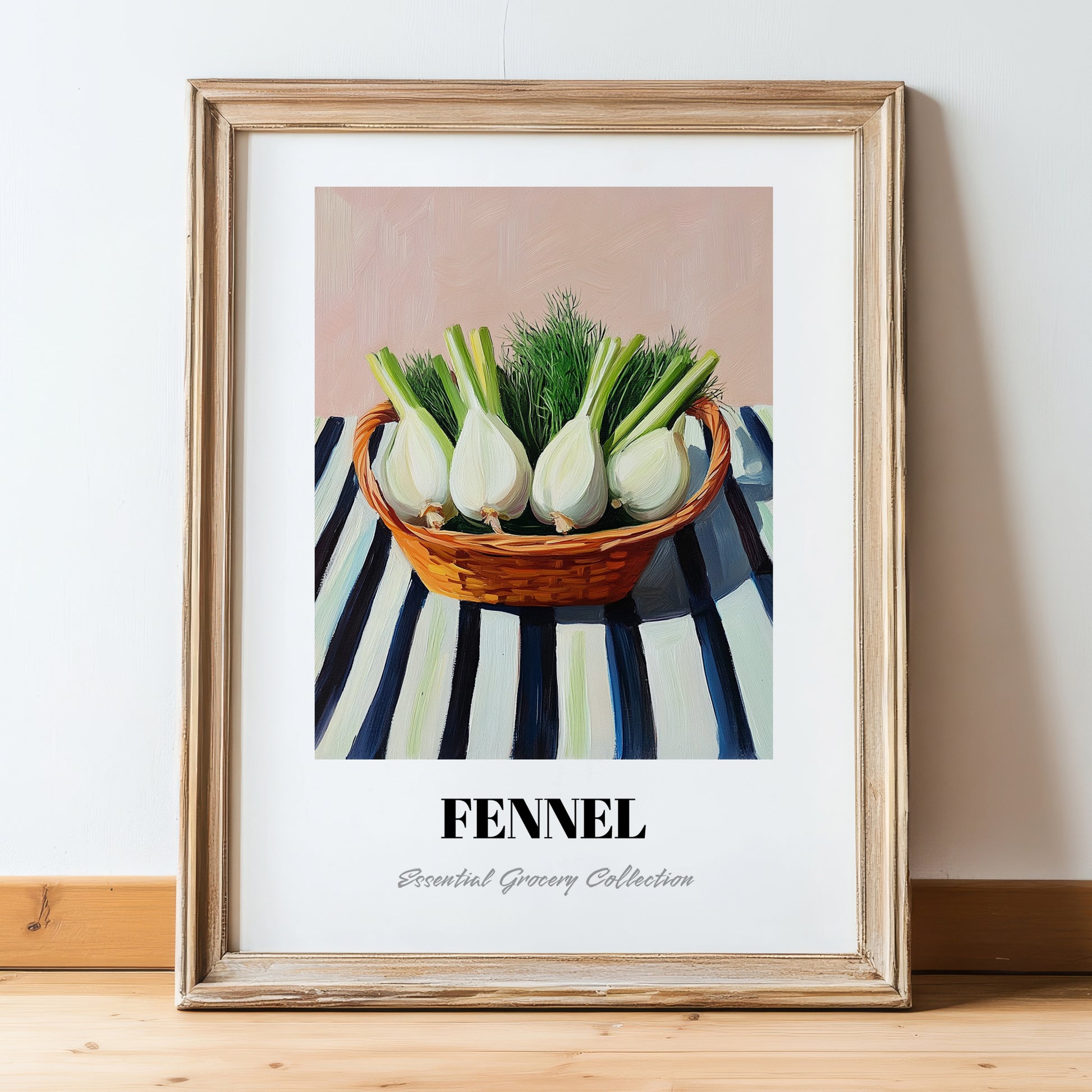 Fennel – on Striped Tablecloth, Vegetable Print, in wooden frame leaning on the floor