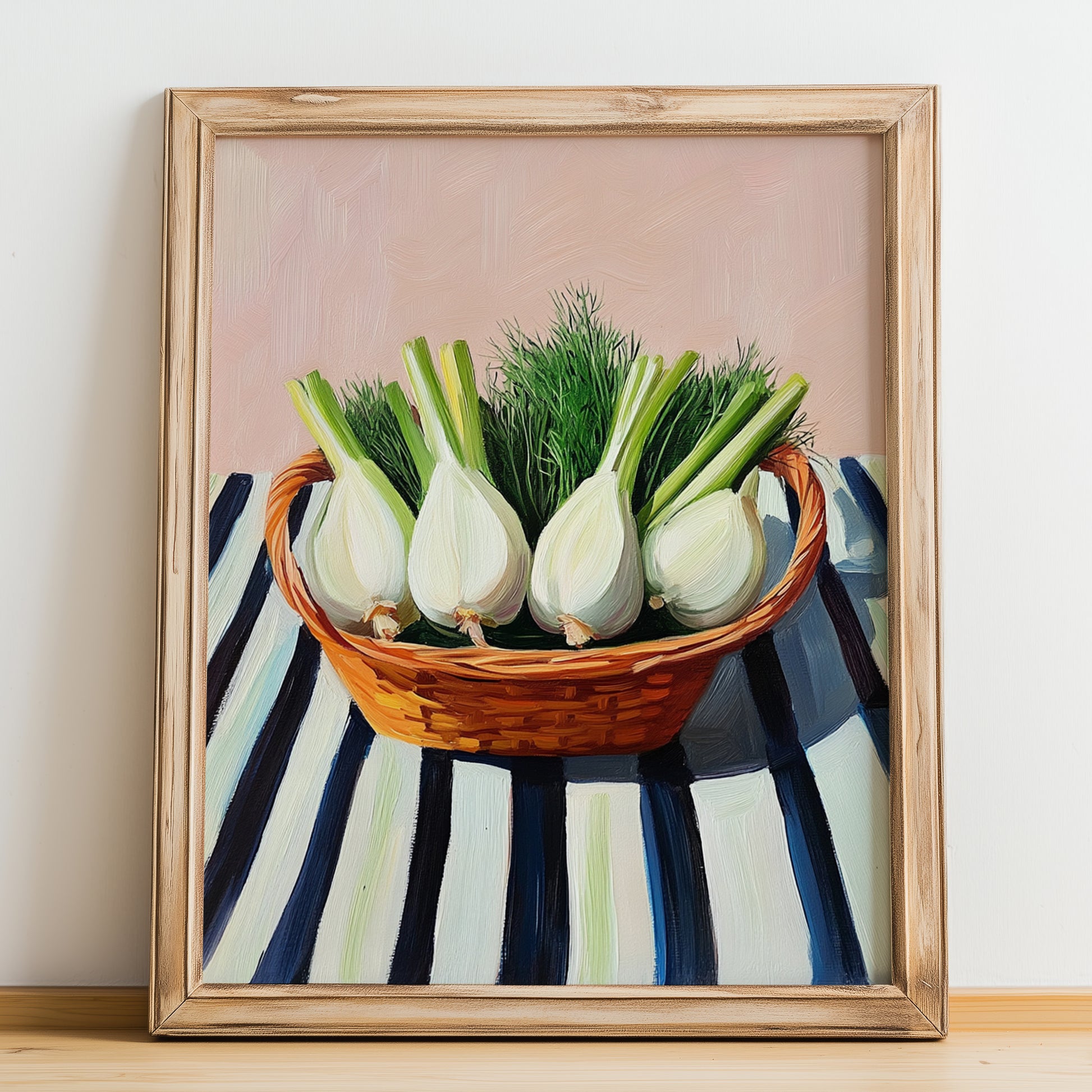 Fennel – on Striped Tablecloth, Vegetable Print, no-text version framed in wood