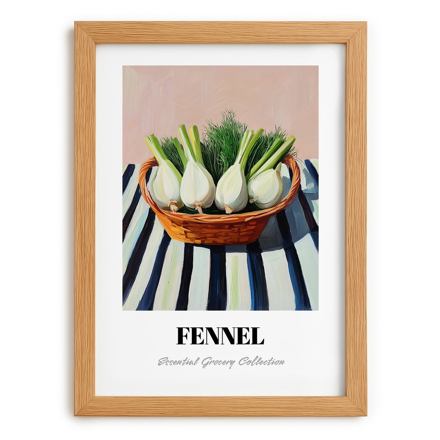 Fennel – on Striped Tablecloth, Vegetable Print, set in oak frame