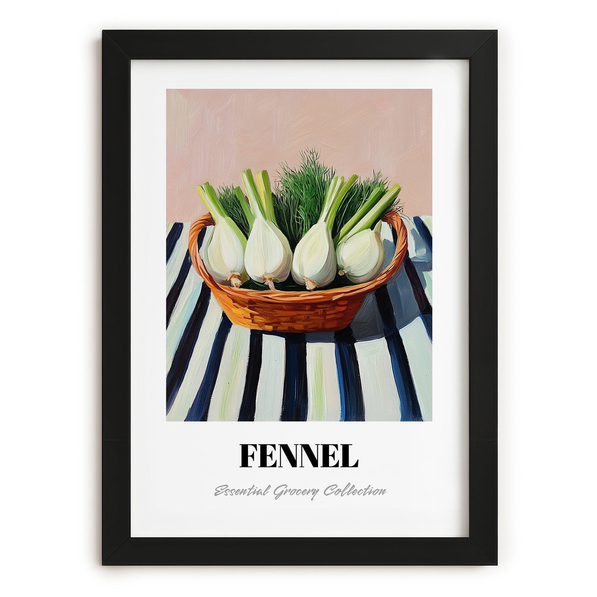 Fennel – on Striped Tablecloth, Vegetable Print, in sleek black frame
