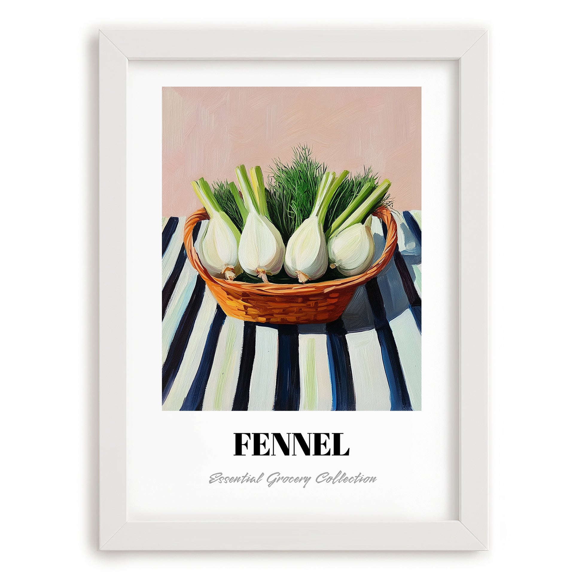 Fennel – on Striped Tablecloth, Vegetable Print, placed in minimal white frame