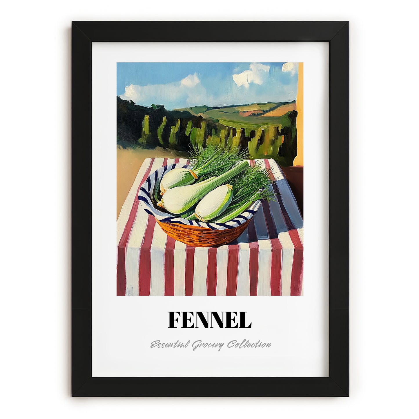 Fennel – Valley Café Scene, Vegetable Painting, in sleek black frame