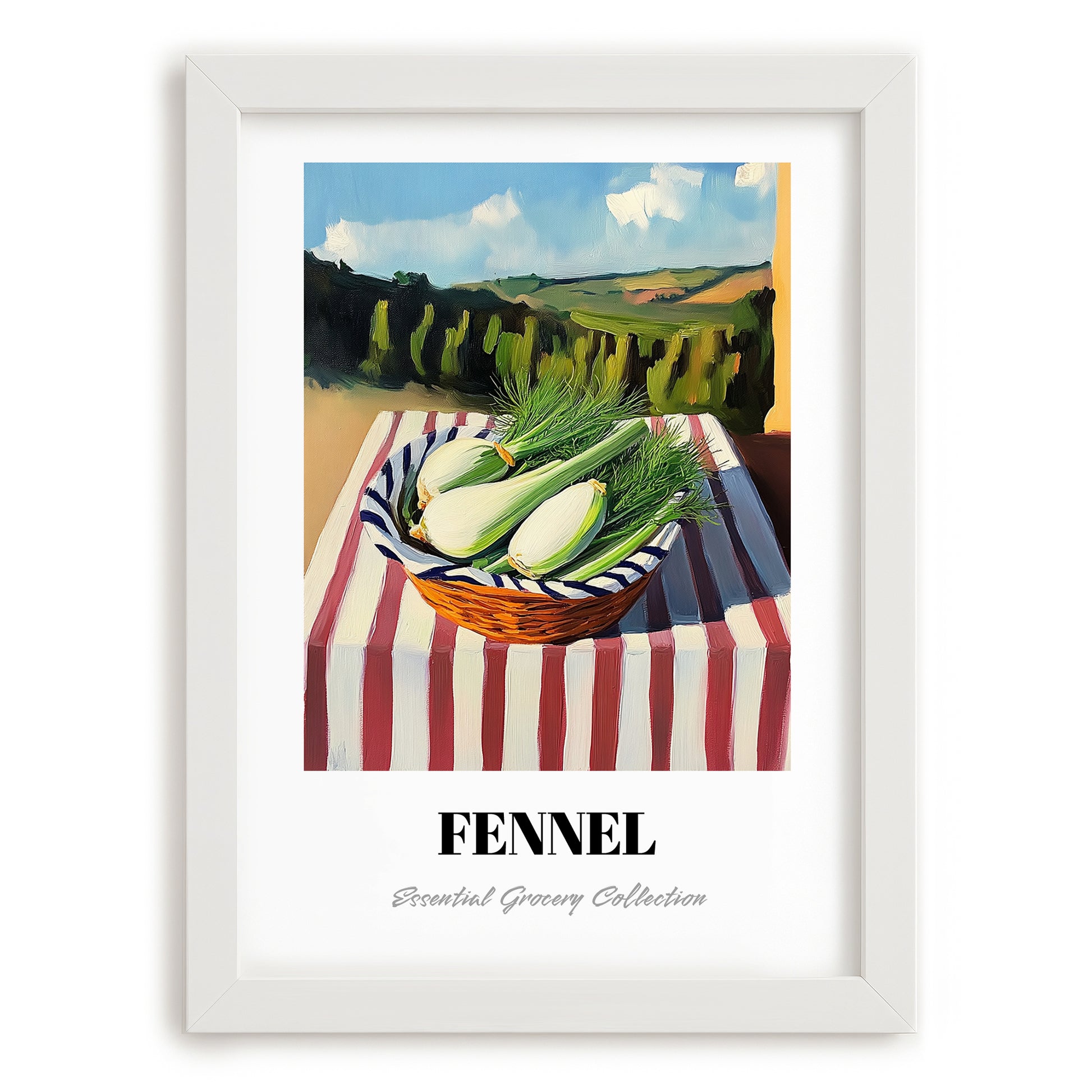 Fennel – Valley Café Scene, Vegetable Painting, placed in minimal white frame