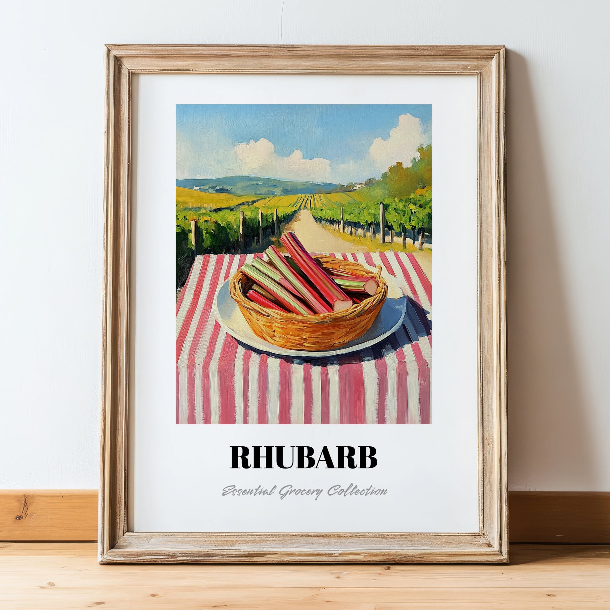 Rhubarb – Valley Café Scene, Vegetable Print, in wooden frame leaning on the floor