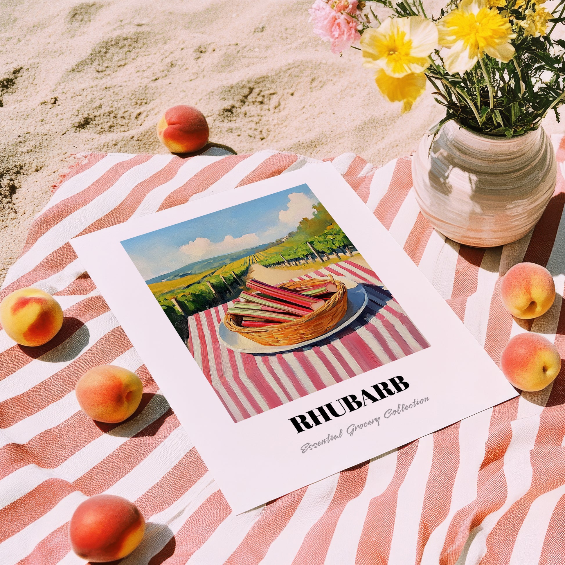Rhubarb – Valley Café Scene, Vegetable Print, unframed on coastal sand