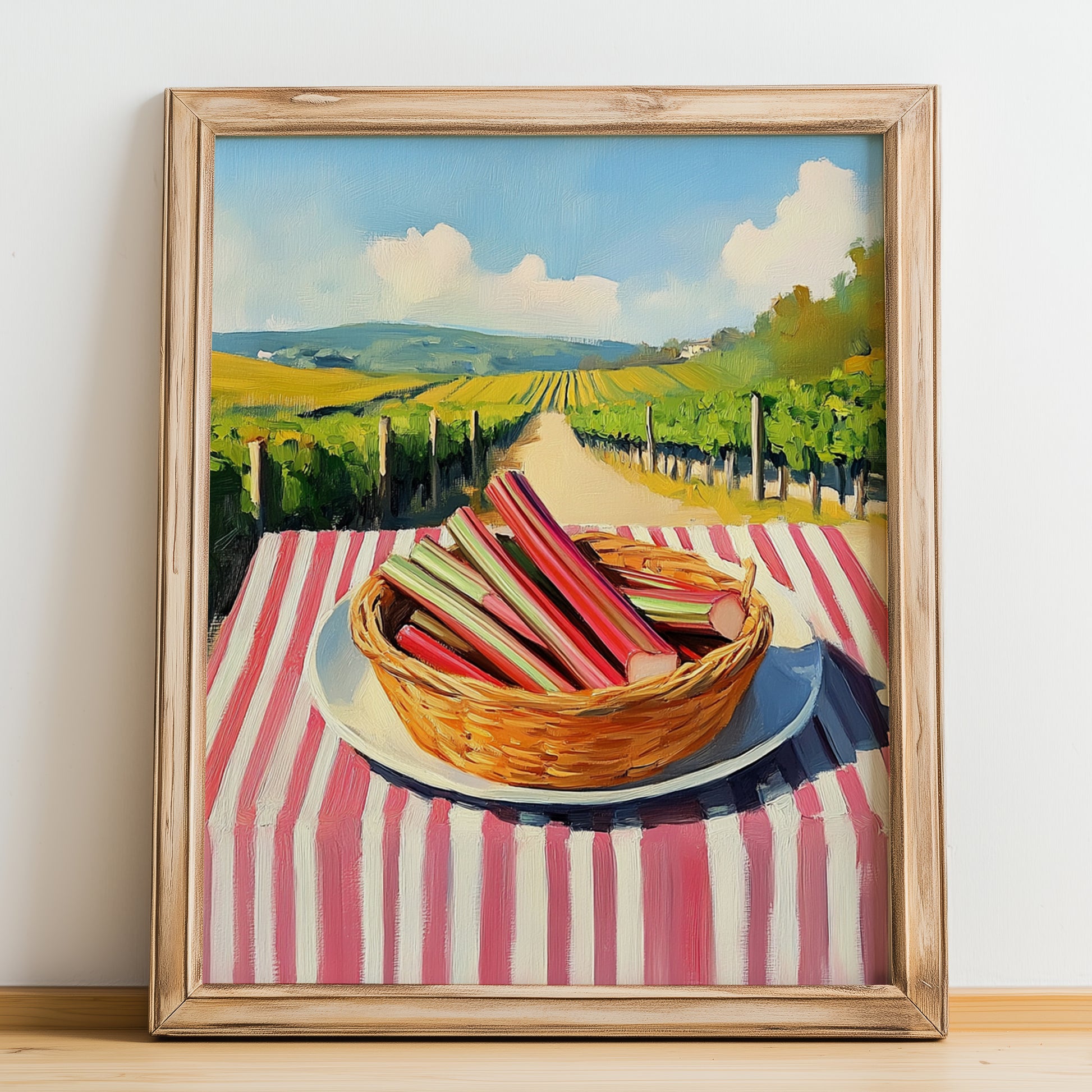 Rhubarb – Valley Café Scene, Vegetable Print, no-text version framed in wood