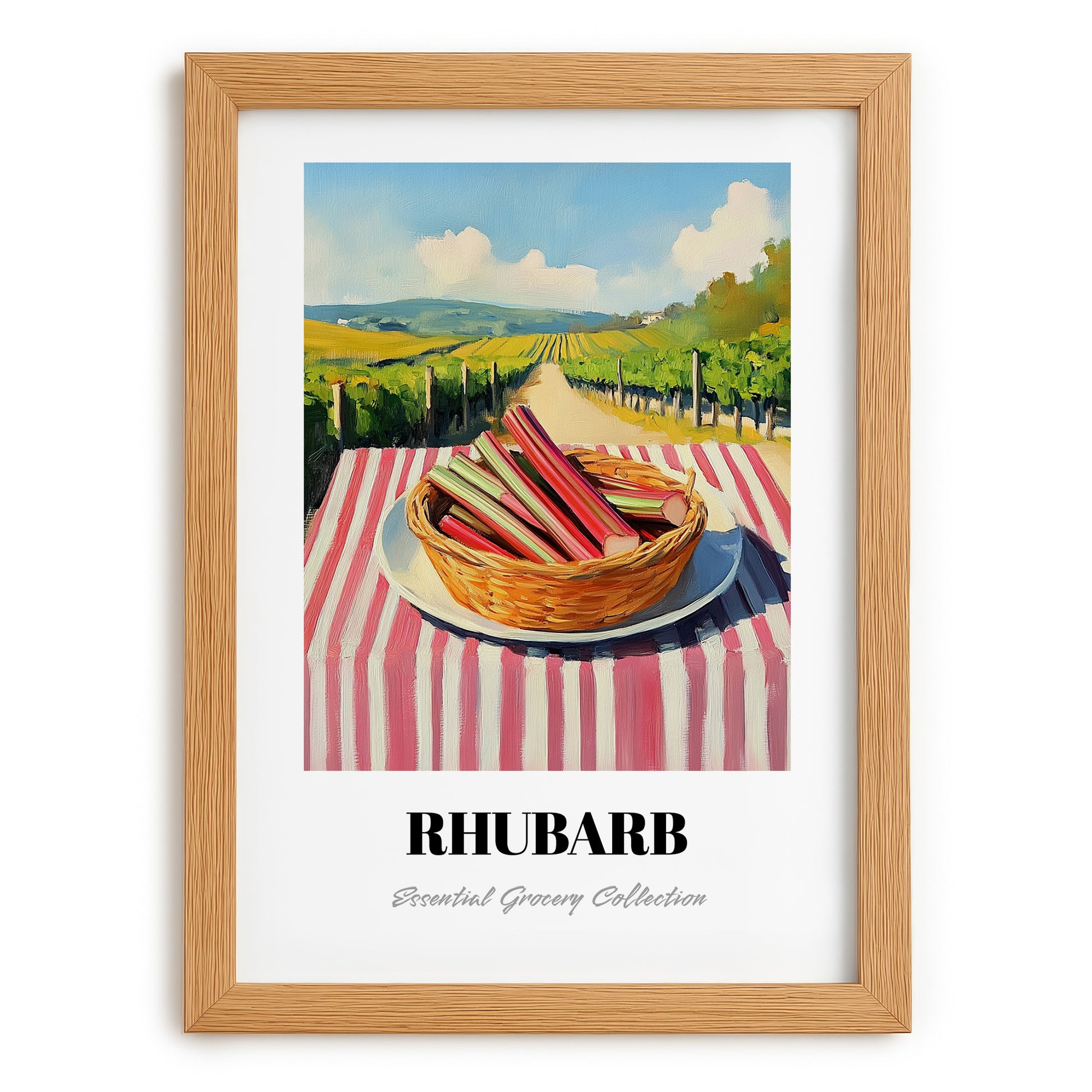 Rhubarb – Valley Café Scene, Vegetable Print, set in oak frame