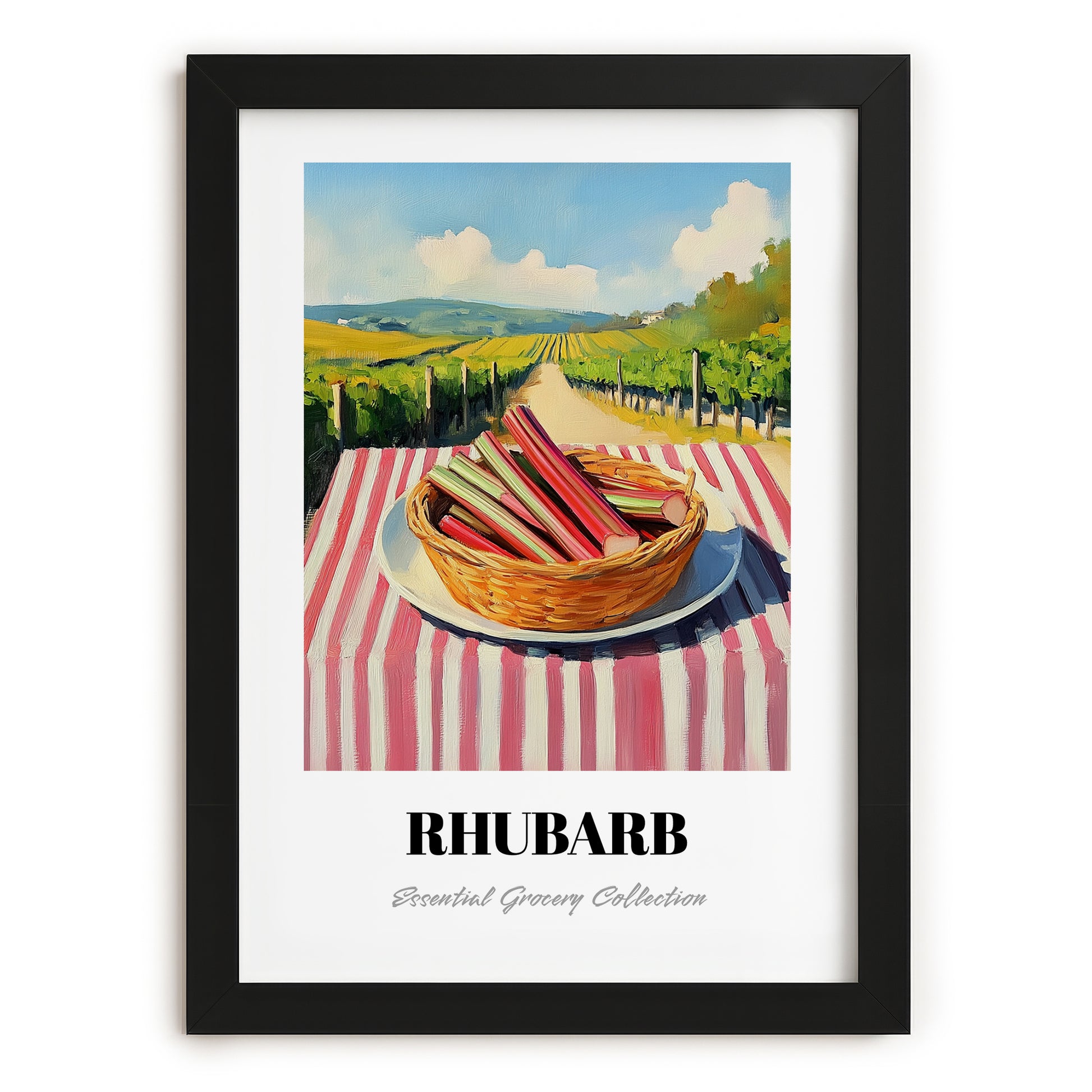 Rhubarb – Valley Café Scene, Vegetable Print, in sleek black frame