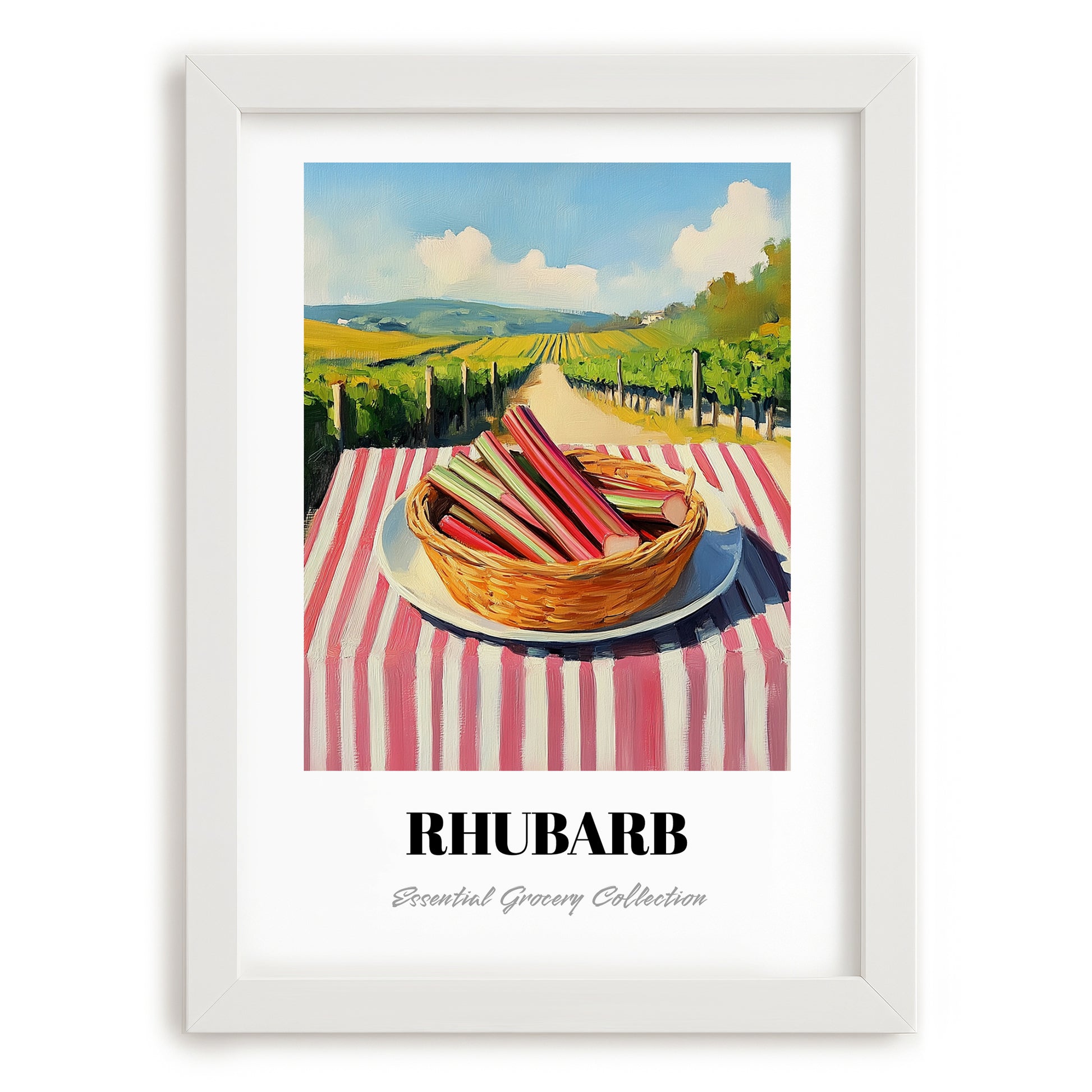 Rhubarb – Valley Café Scene, Vegetable Print, placed in minimal white frame