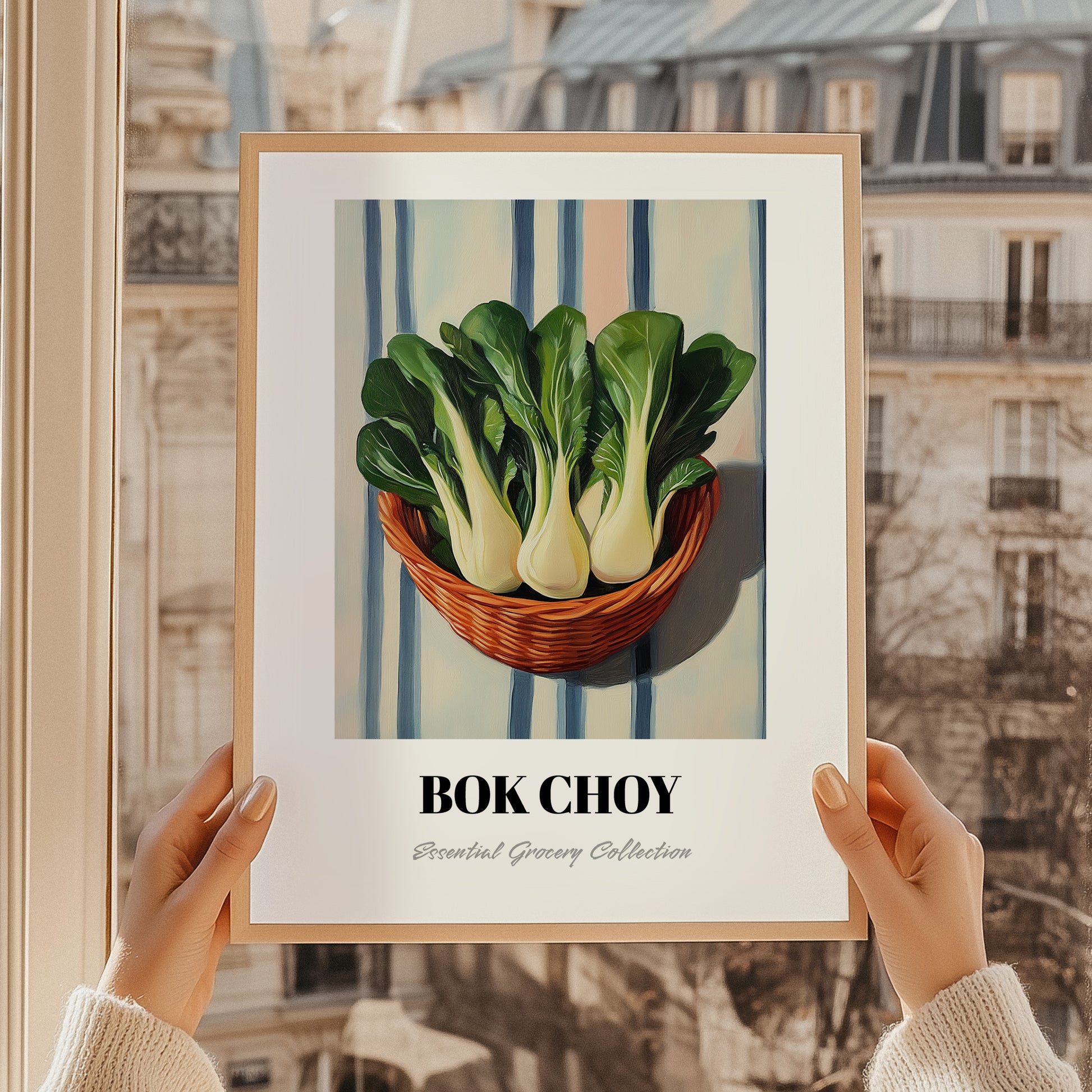 Bok Choy – on Striped Tablecloth, Vegetable Painting, styled in a charming Paris street view