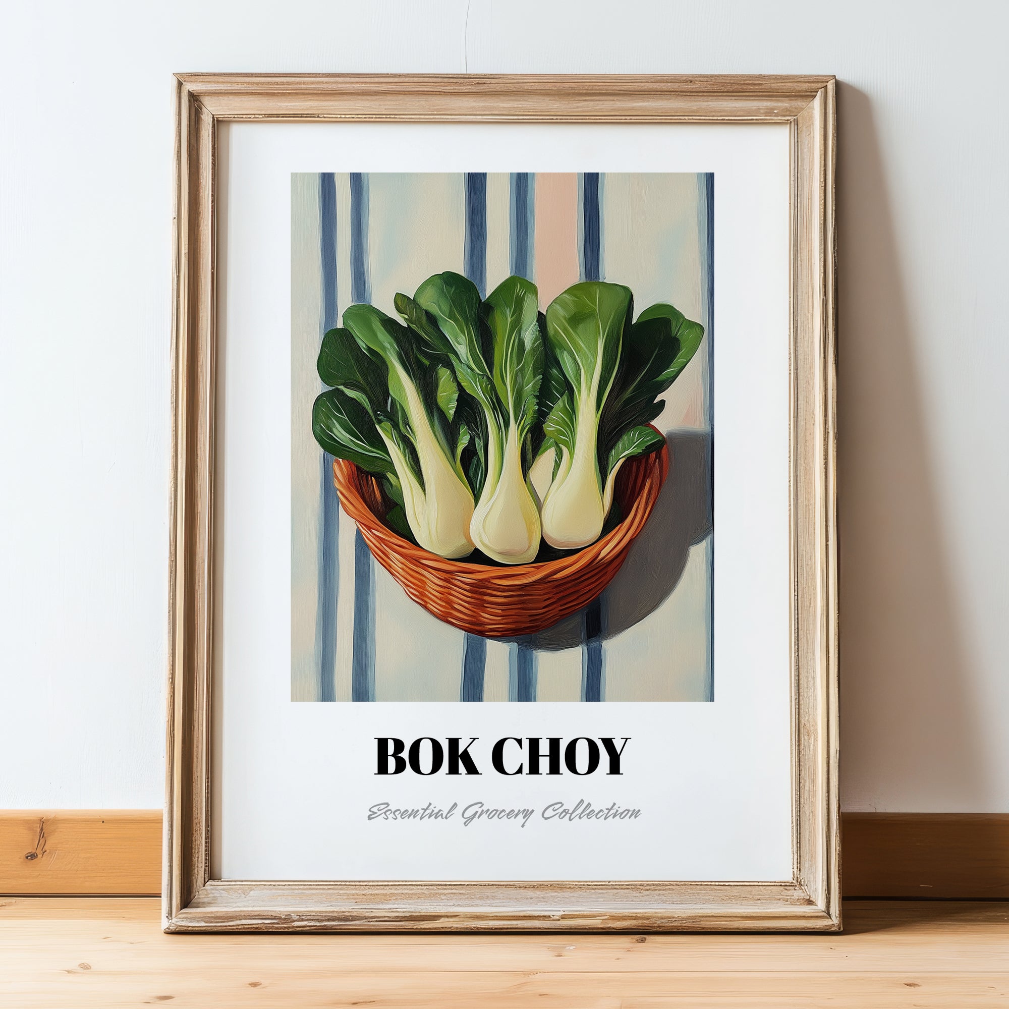Bok Choy – on Striped Tablecloth, Vegetable Painting, in wooden frame leaning on the floor