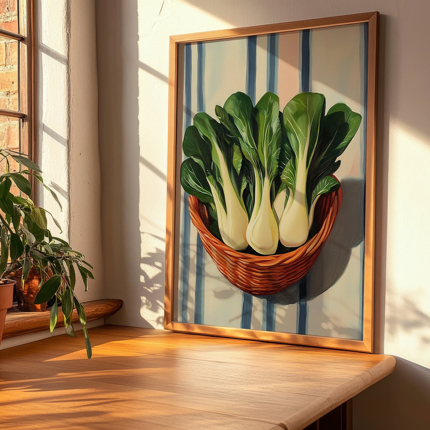 Bok Choy – on Striped Tablecloth, Vegetable Painting, clean layout with no caption