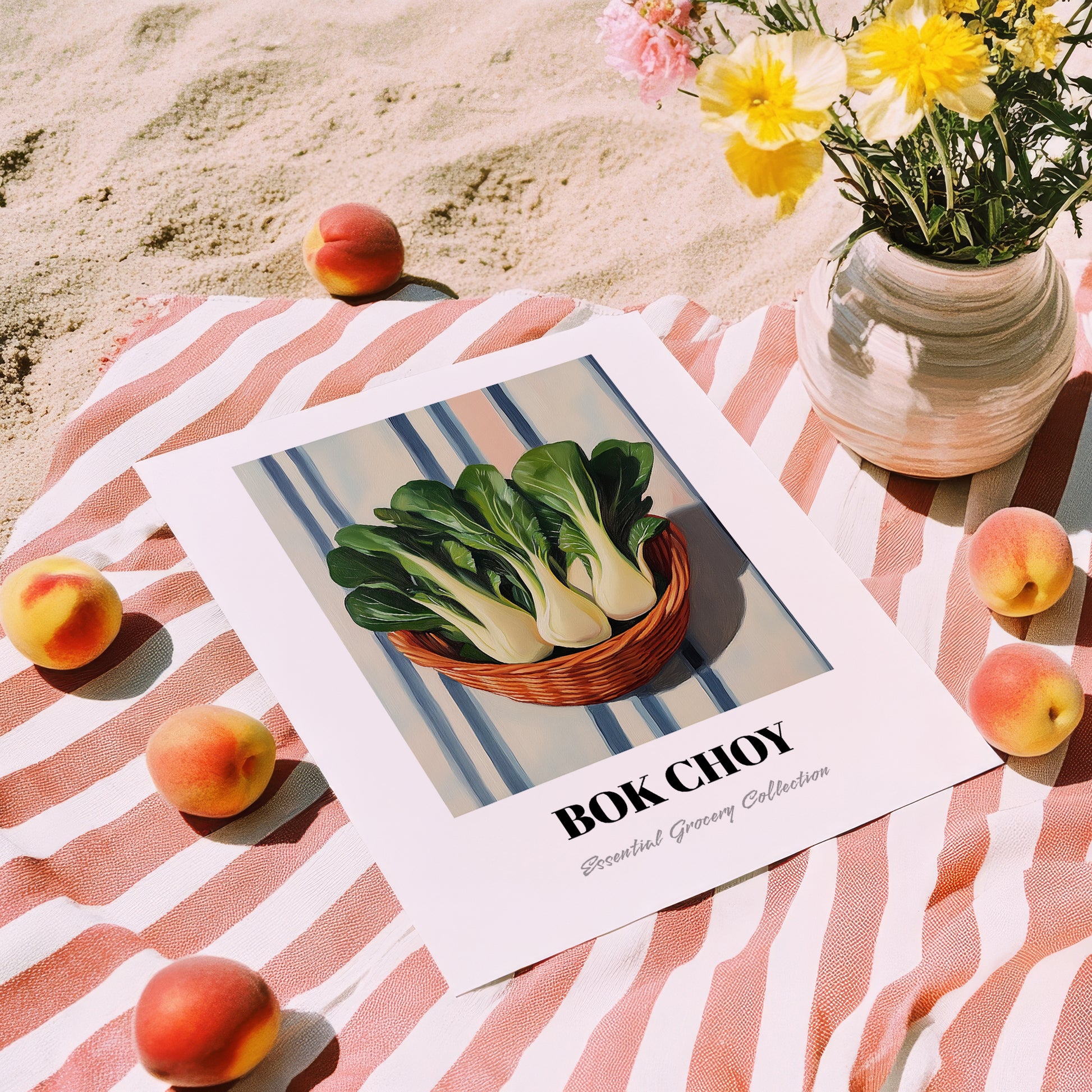 Bok Choy – on Striped Tablecloth, Vegetable Painting, unframed on coastal sand