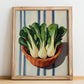 Bok Choy – on Striped Tablecloth, Vegetable Painting, no-text version framed in wood