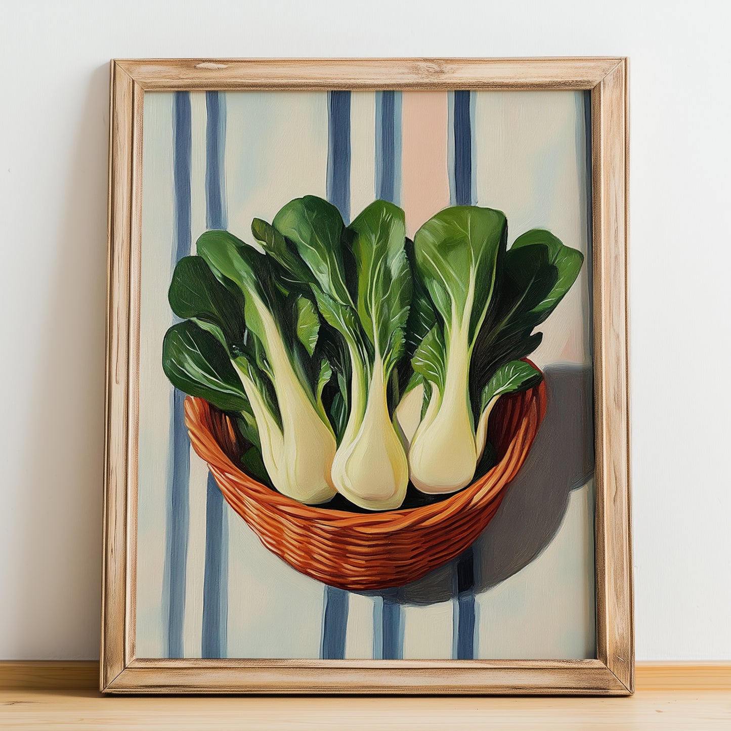 Bok Choy – on Striped Tablecloth, Vegetable Painting, no-text version framed in wood