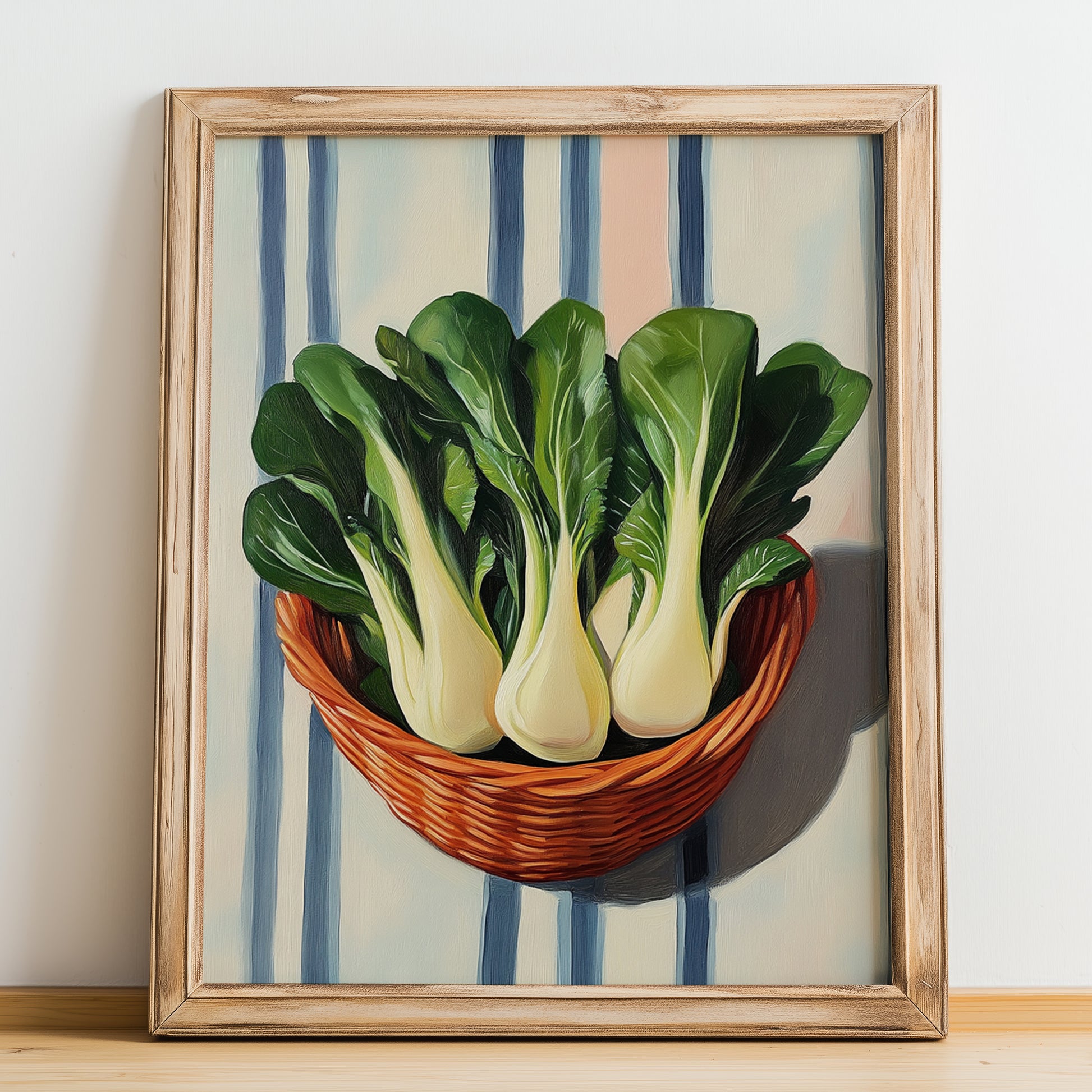 Bok Choy – on Striped Tablecloth, Vegetable Painting, no-text version framed in wood