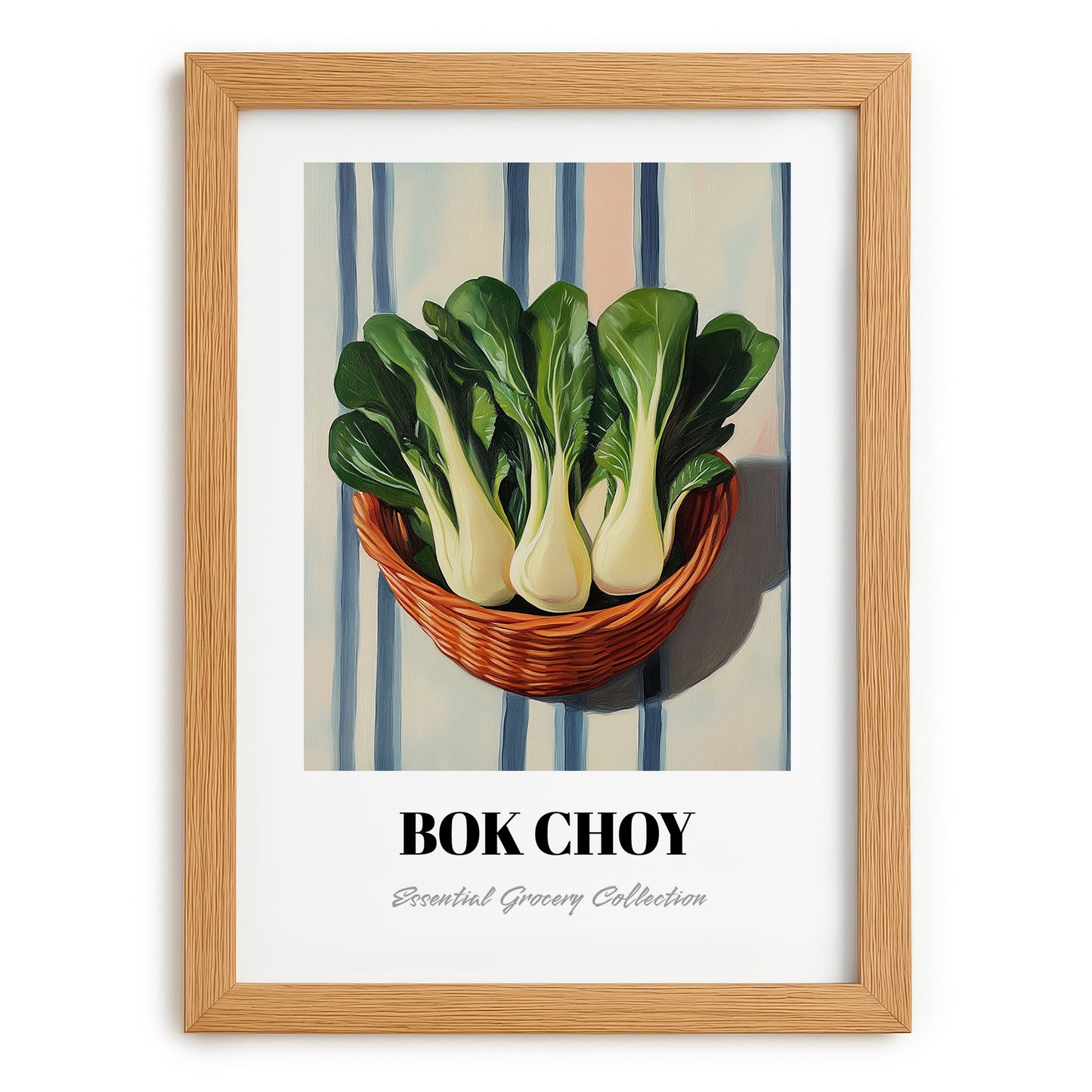 Bok Choy – on Striped Tablecloth, Vegetable Painting, set in oak frame
