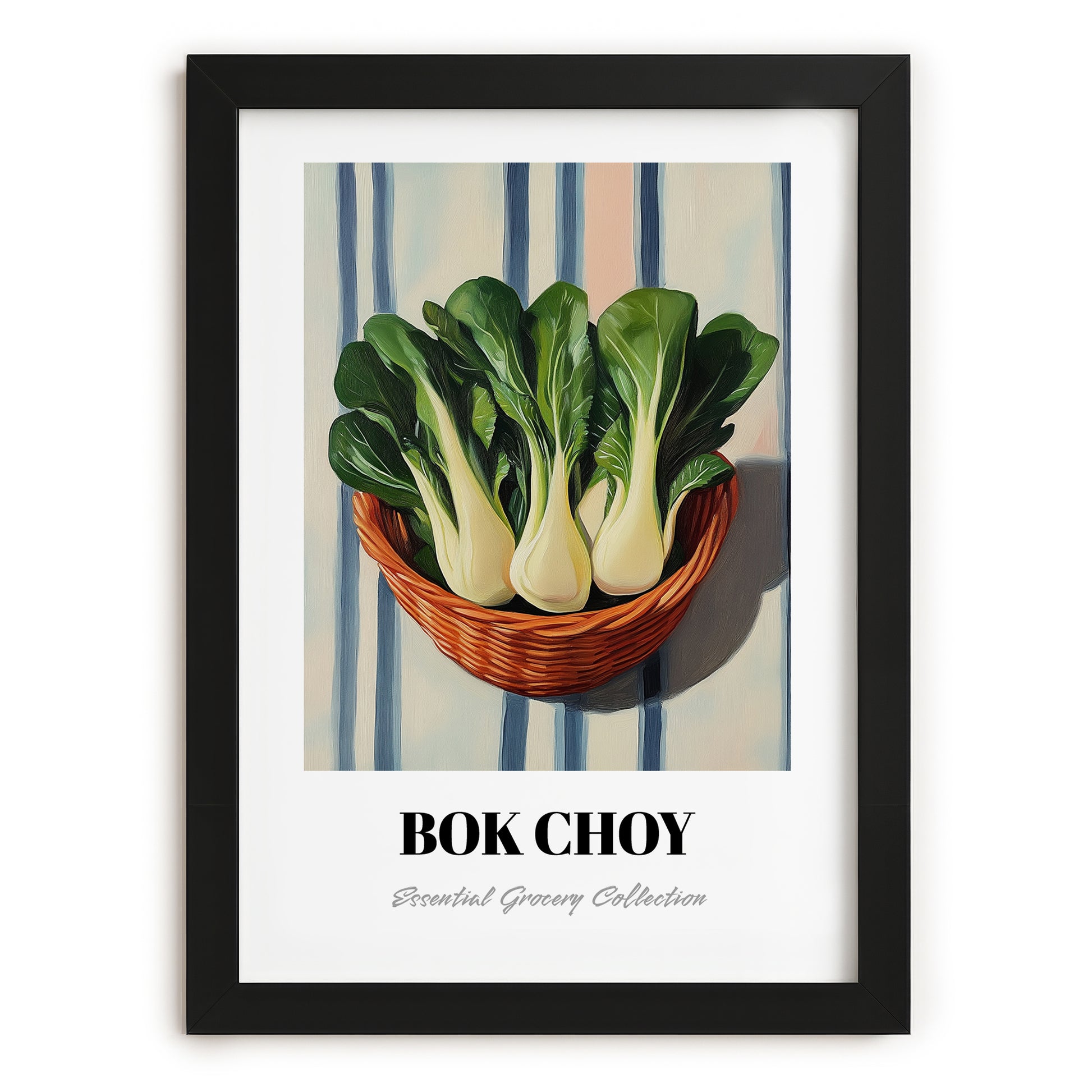 Bok Choy – on Striped Tablecloth, Vegetable Painting, in sleek black frame