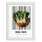 Bok Choy – on Striped Tablecloth, Vegetable Painting, placed in minimal white frame
