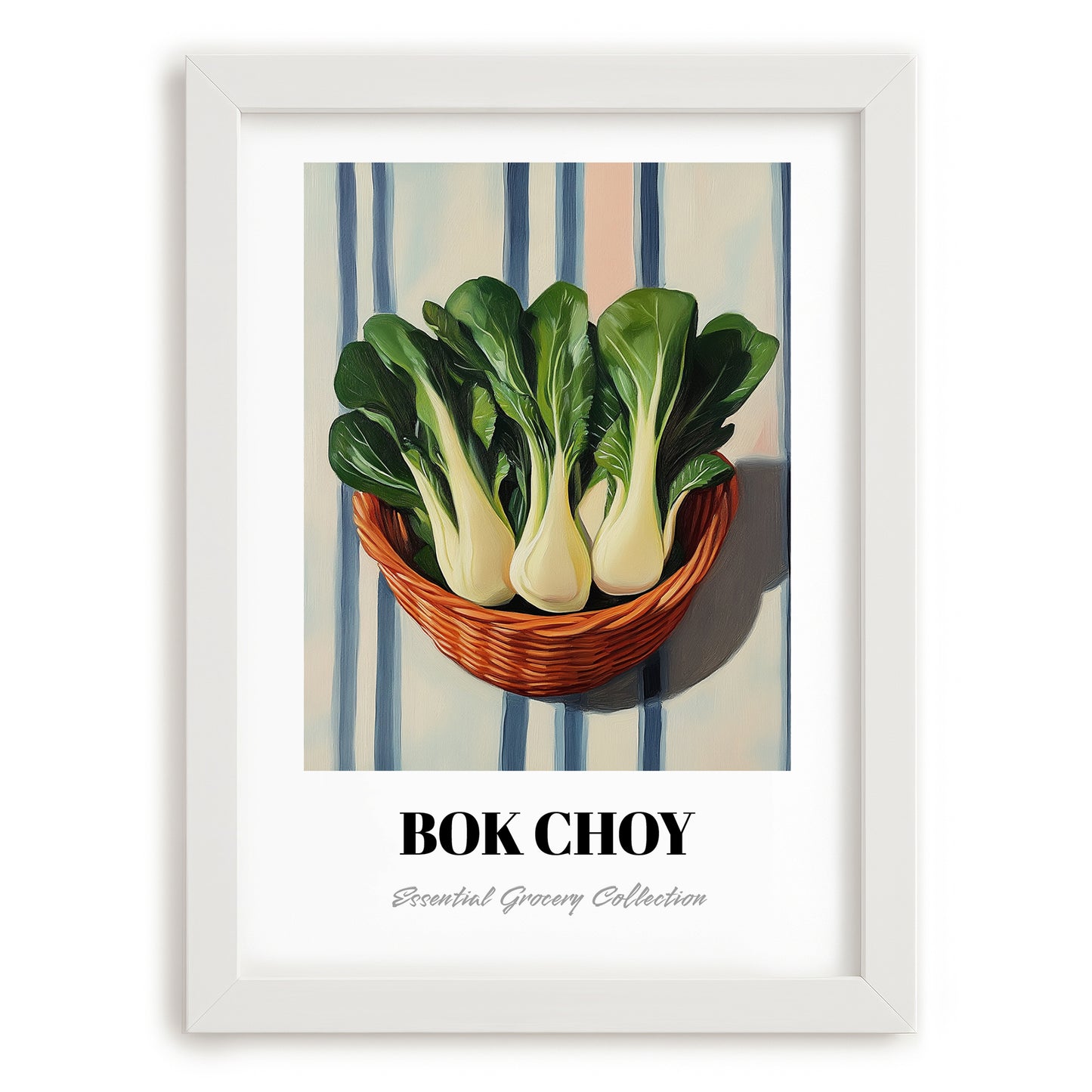 Bok Choy – on Striped Tablecloth, Vegetable Painting, placed in minimal white frame