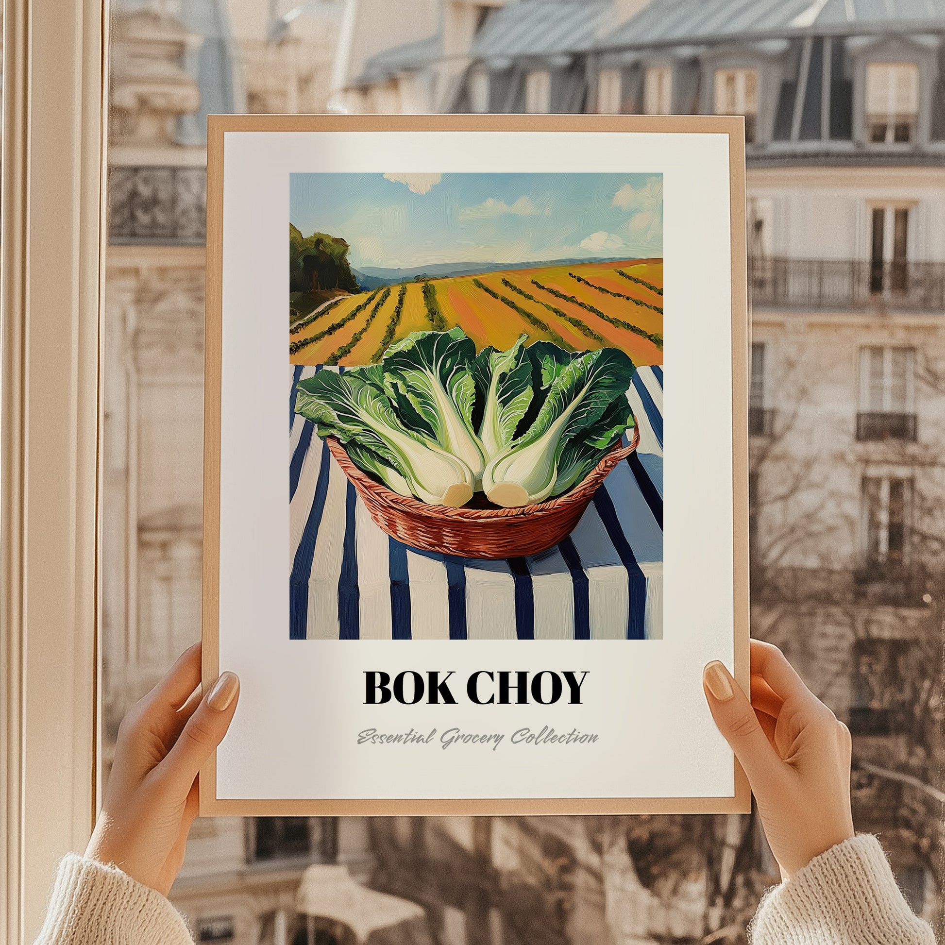 Bok Choy – Green Valley Landscape, Vegetable Illustration, styled in a charming Paris street view