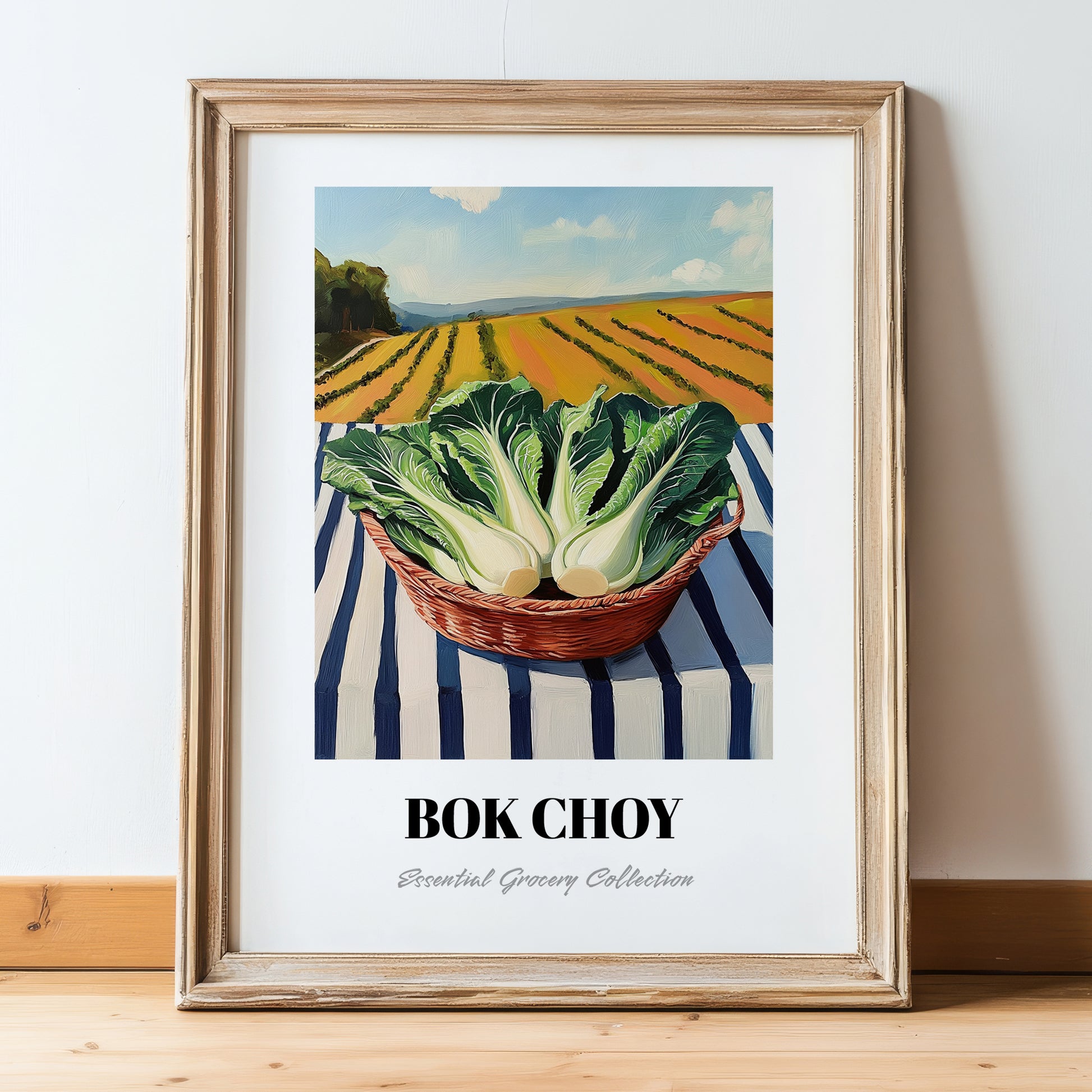 Bok Choy – Green Valley Landscape, Vegetable Illustration, in wooden frame leaning on the floor