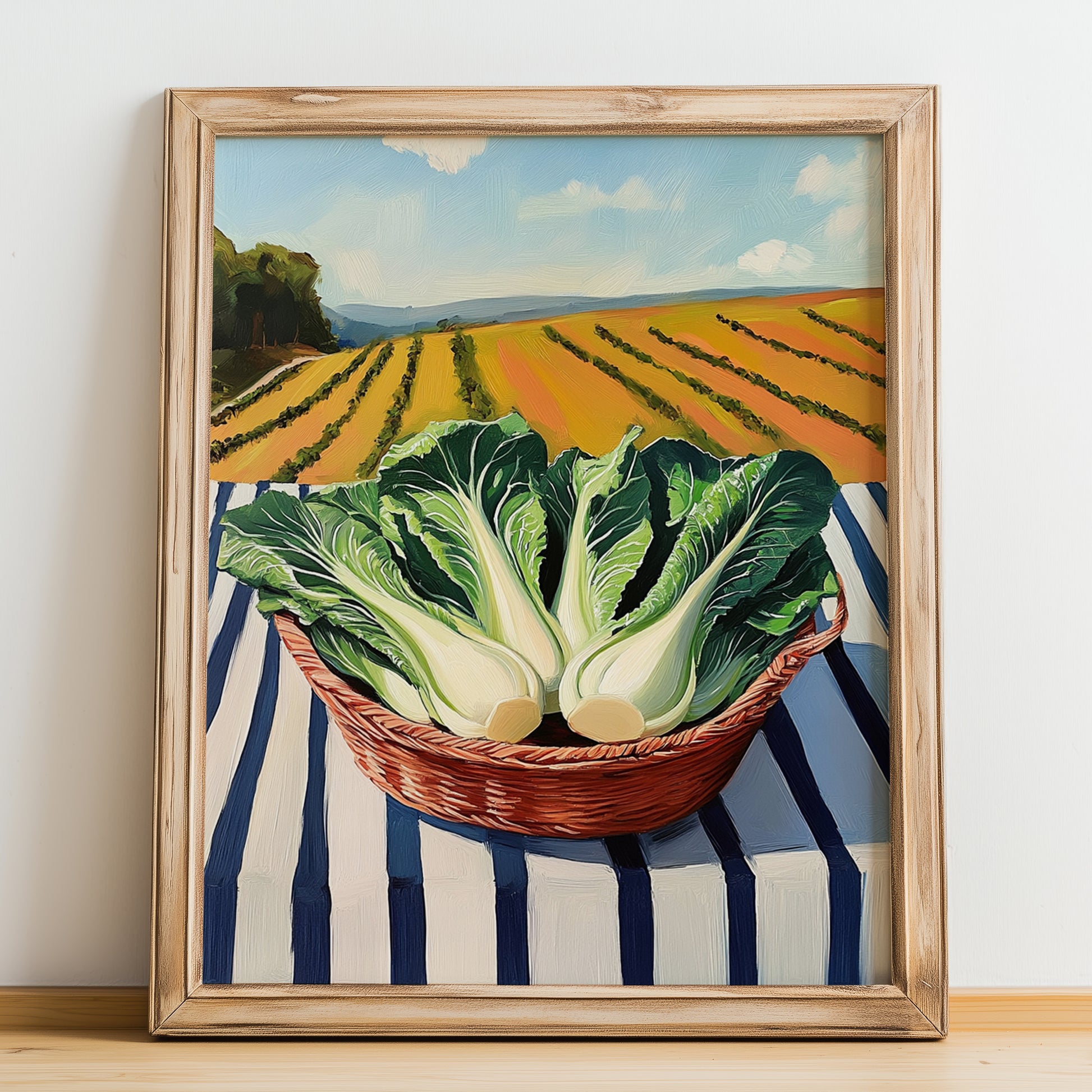 Bok Choy – Green Valley Landscape, Vegetable Illustration, no-text version framed in wood