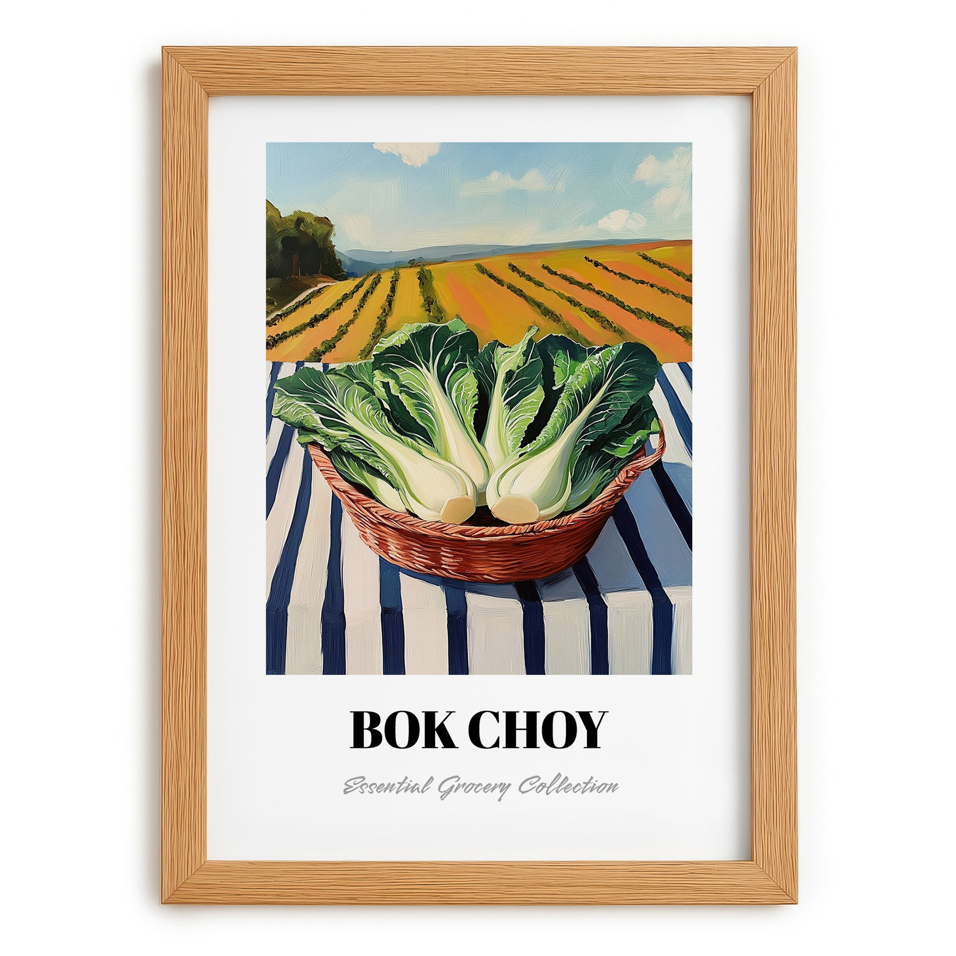 Bok Choy – Green Valley Landscape, Vegetable Illustration, set in oak frame