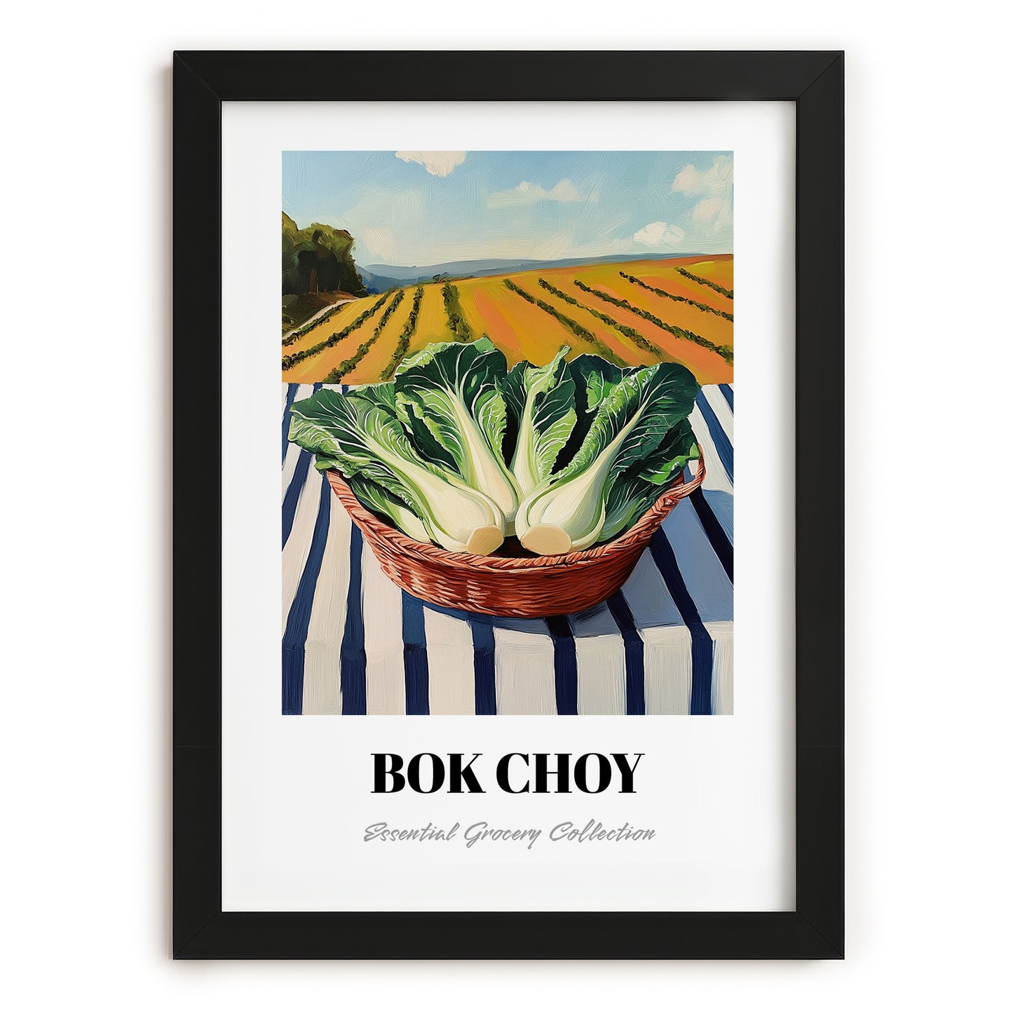 Bok Choy – Green Valley Landscape, Vegetable Illustration, in sleek black frame
