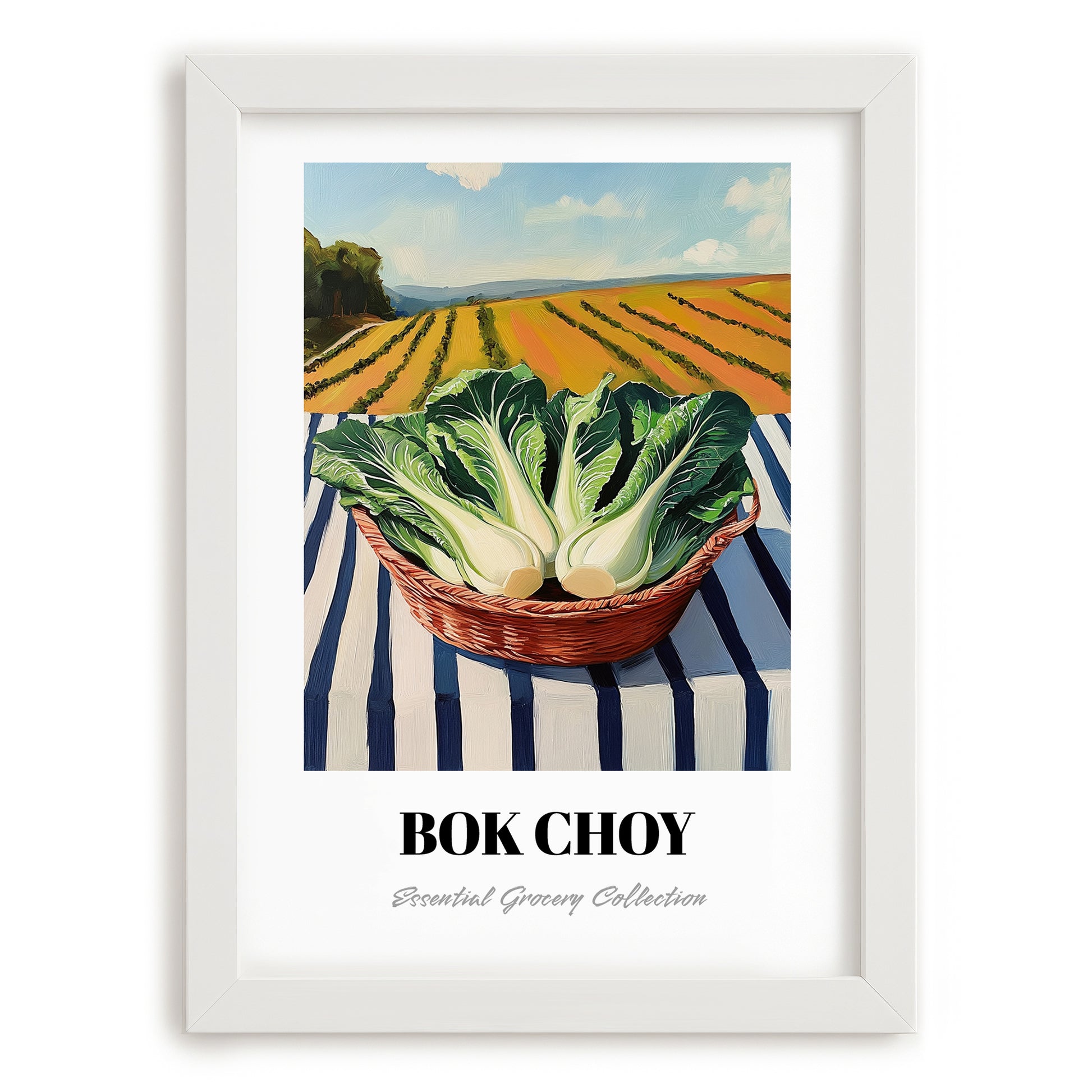 Bok Choy – Green Valley Landscape, Vegetable Illustration, placed in minimal white frame