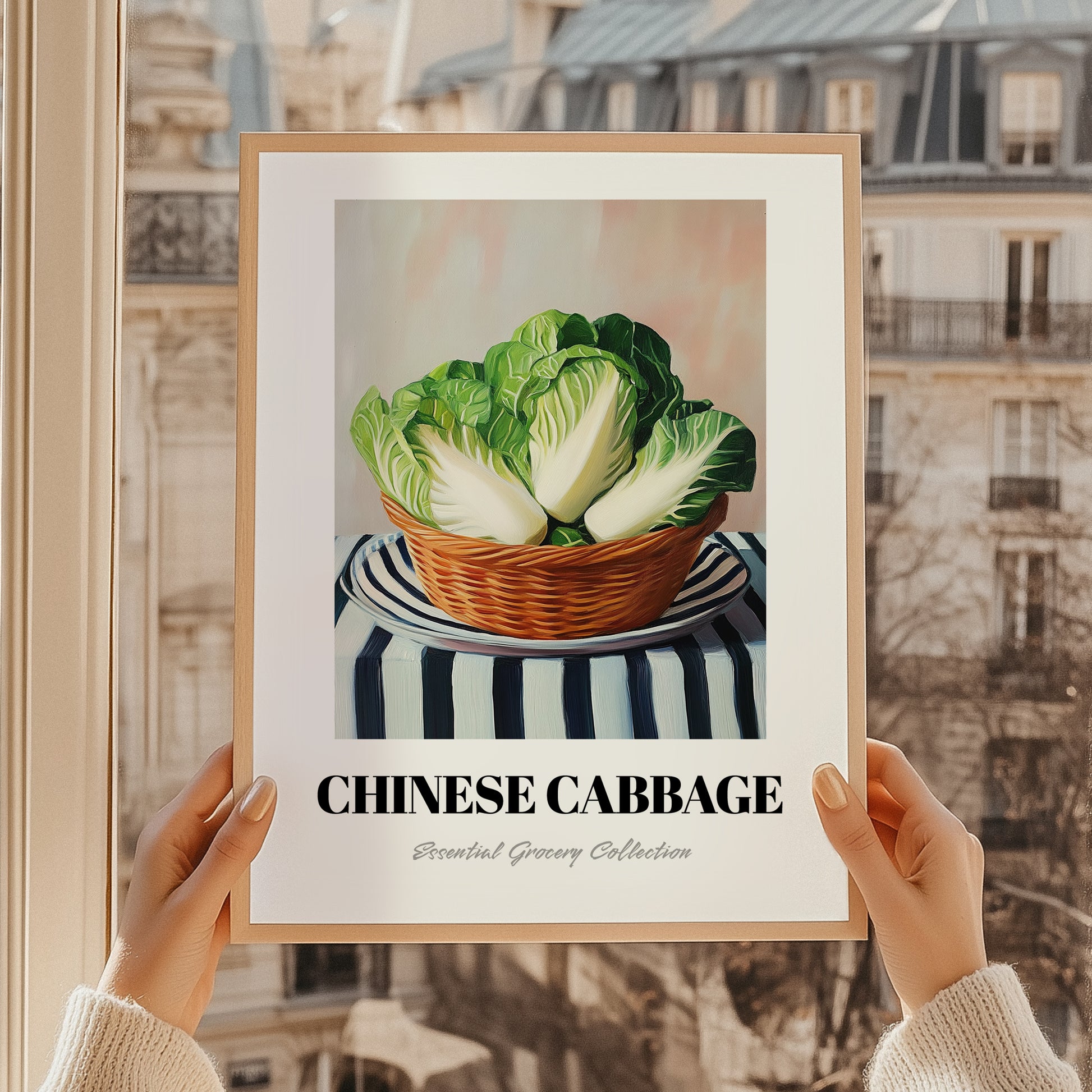 Chinese Cabbage – on Striped Tablecloth, Vegetable Print, styled in a charming Paris street view
