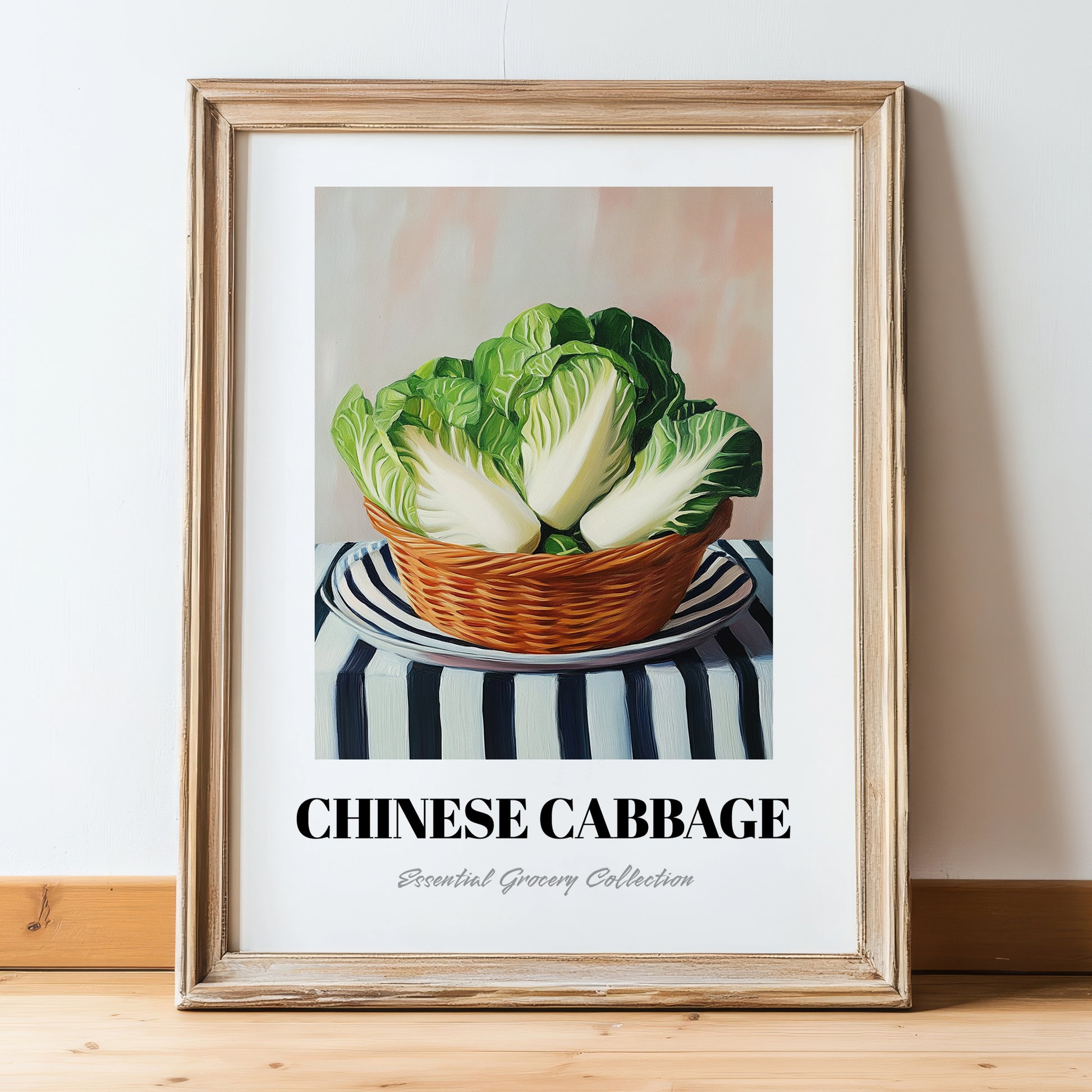 Chinese Cabbage – on Striped Tablecloth, Vegetable Print, in wooden frame leaning on the floor