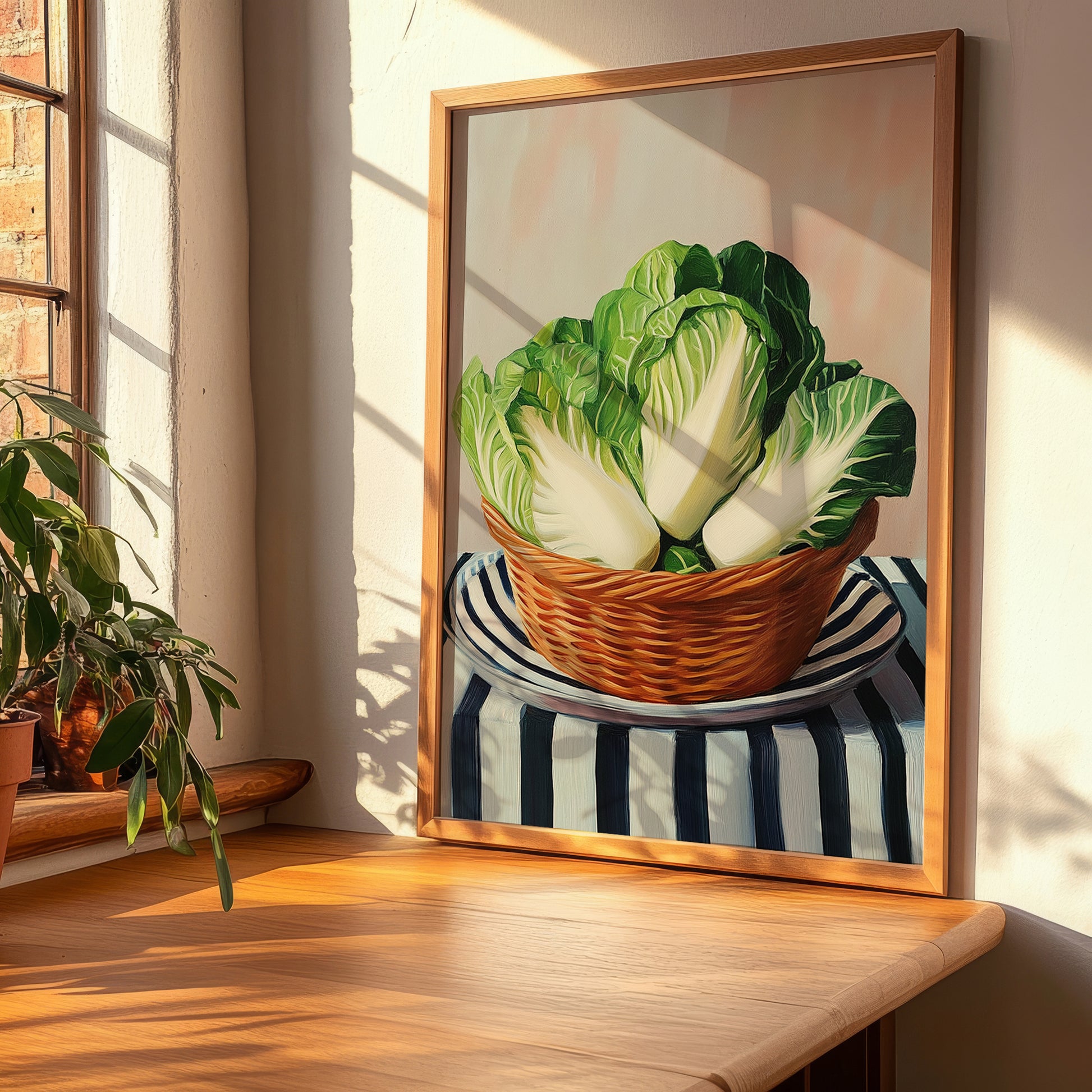 Chinese Cabbage – on Striped Tablecloth, Vegetable Print, clean layout with no caption