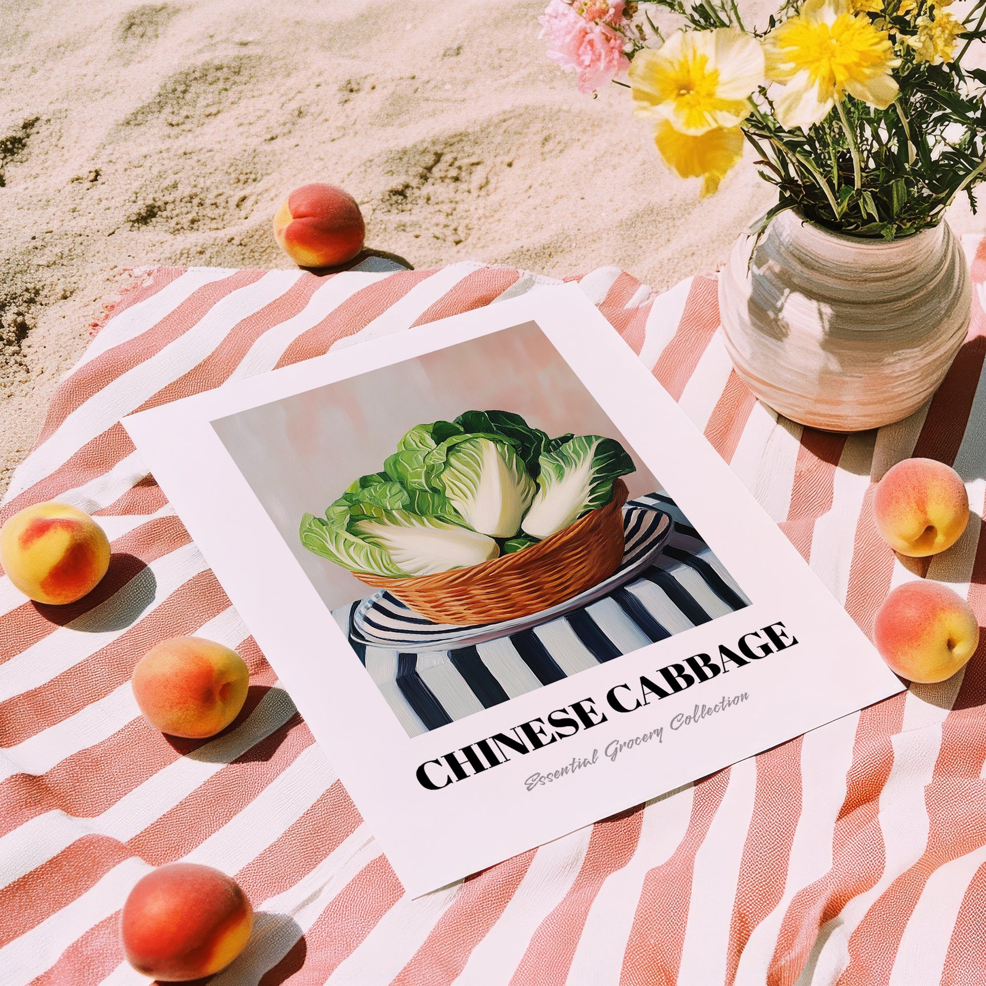 Chinese Cabbage – on Striped Tablecloth, Vegetable Print, unframed on coastal sand
