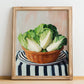 Chinese Cabbage – on Striped Tablecloth, Vegetable Print, no-text version framed in wood